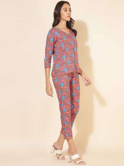 Janasya Women's Pink Cotton Floral Printed Casual Regular Co-ords - Distacart