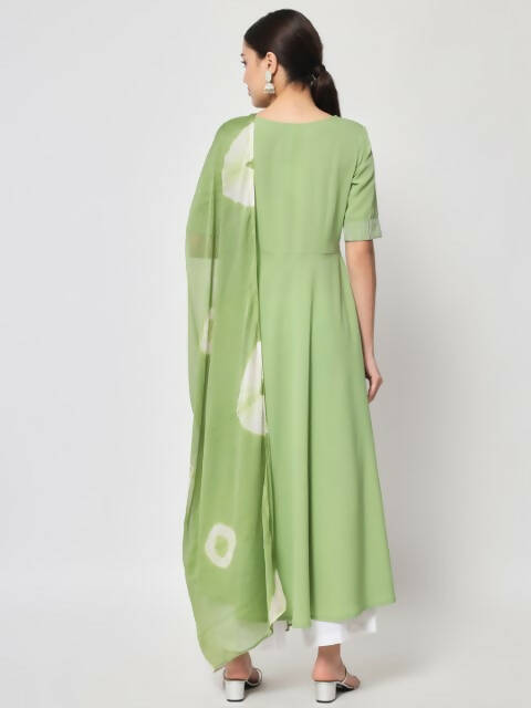 FIORRA Women's Pista Green Poly Crepe Flared Kurta With Dupatta - Distacart