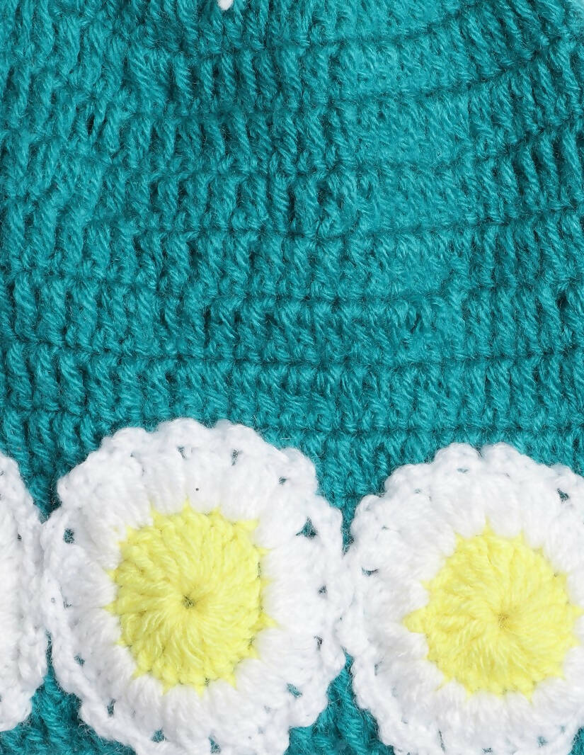 Chutput Kids Woollen Hand Knitted Flower And Pom Pom Detail Cap - Sea Green - Distacart
