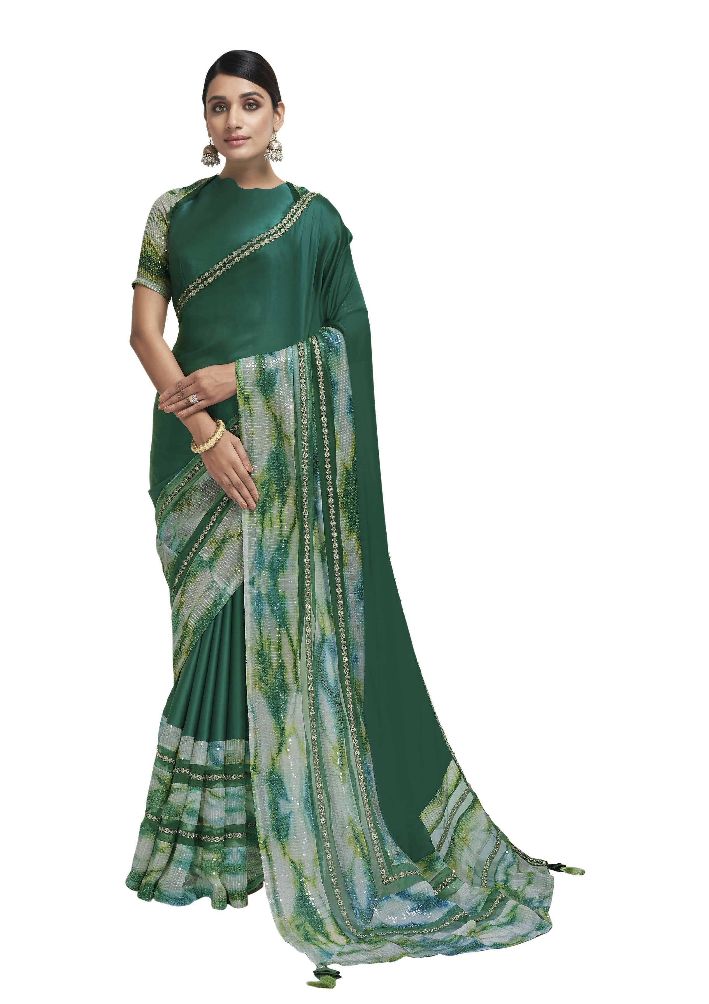 Green Satin Crepe Sequence & Lace Work Saree With Blouse Piece - Norita Avyaan - Distacart