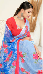 Thumbnail for Sky Blue Georgette Floral Printed Saree With Unstitched Blouse Piece - Jyoti - Distacart