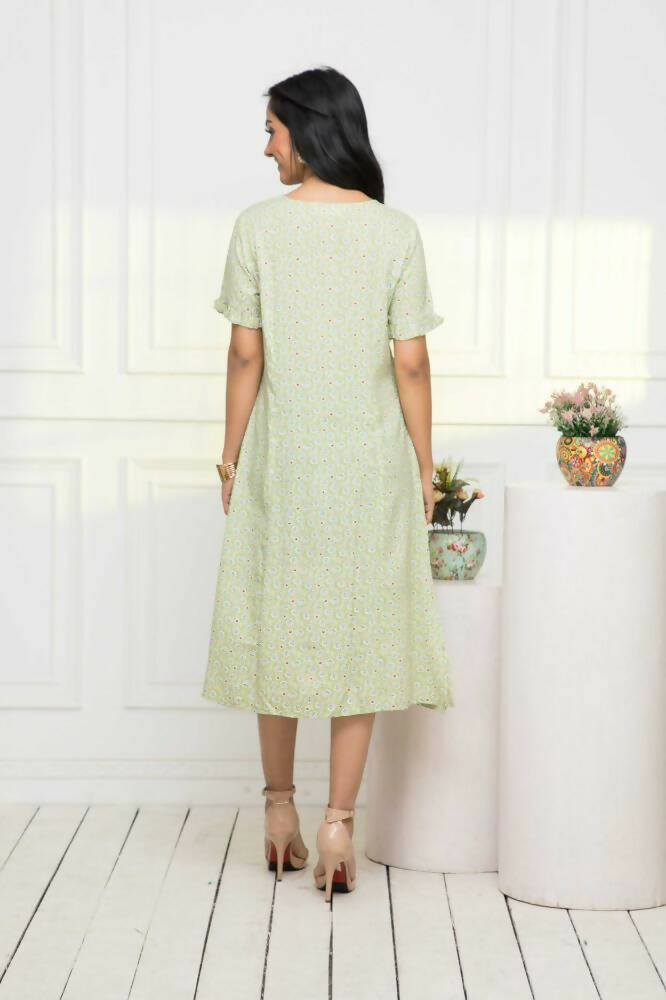 Myshka Women Ethnic Motifs Rayon A-Line V-Neck Green Dress - Distacart