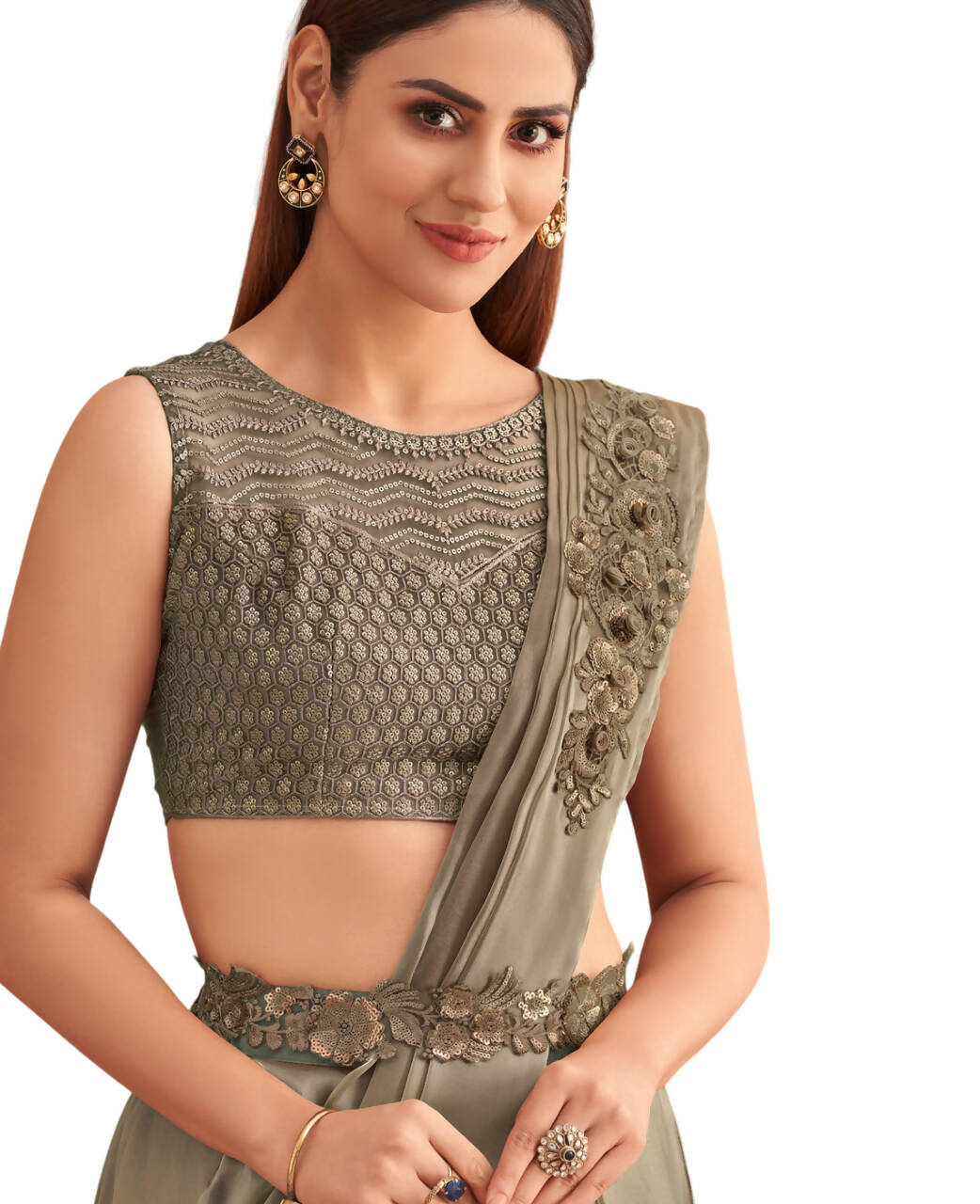 Green Satin Embroidered Ready To Wear Saree With Unstitched Blouse Piece - Nandika - Distacart