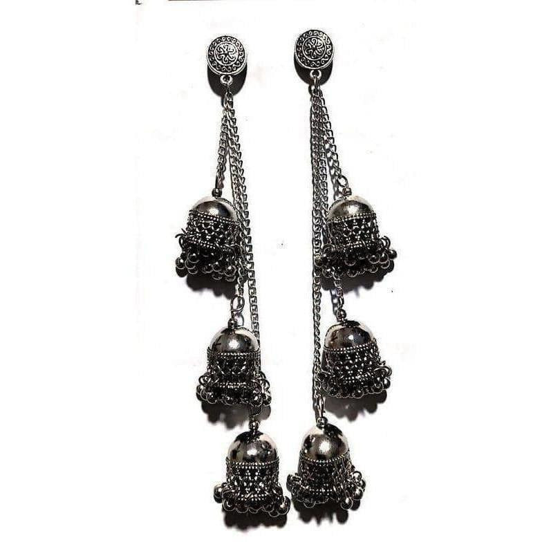 Antique Studs Kashmiri Black Color Long Hangings Chains Jhumkas Pearls Earrings