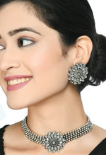 Thumbnail for Mominos Fashion Johar Kamal Oxidised Silver-Plated Brass Finish Kundan Choker For Women (Silver) - Distacart