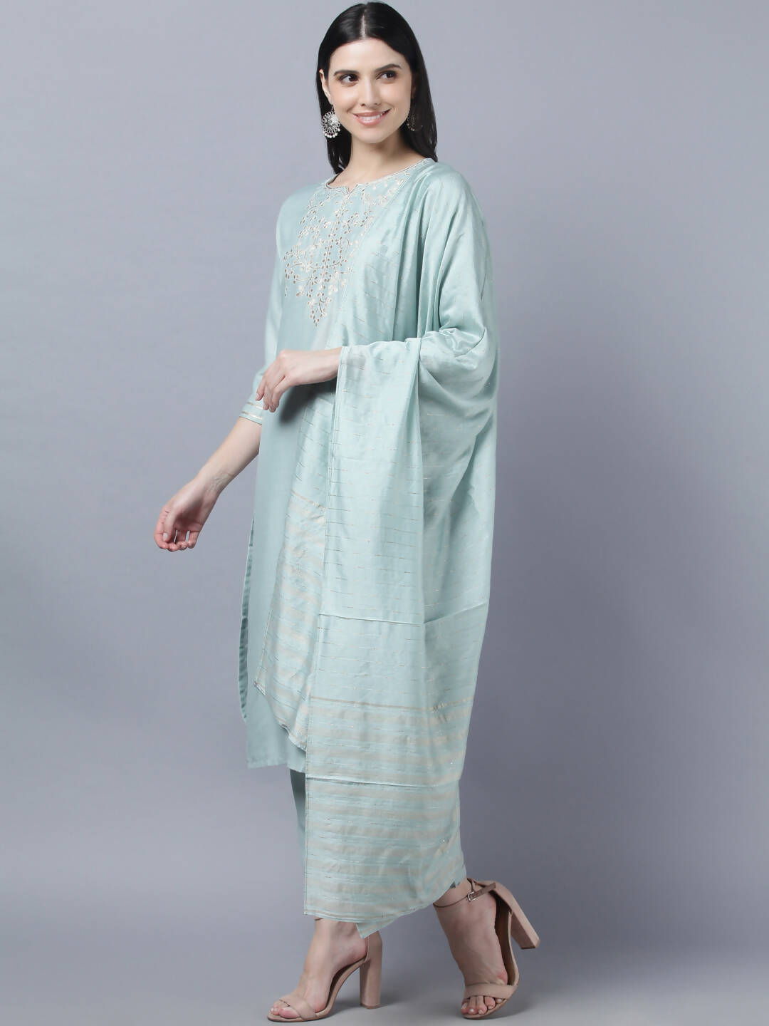 Myshka Women Grey Yoke Design Gotta Patti Kurta with Trousers Dupatta Set - Distacart