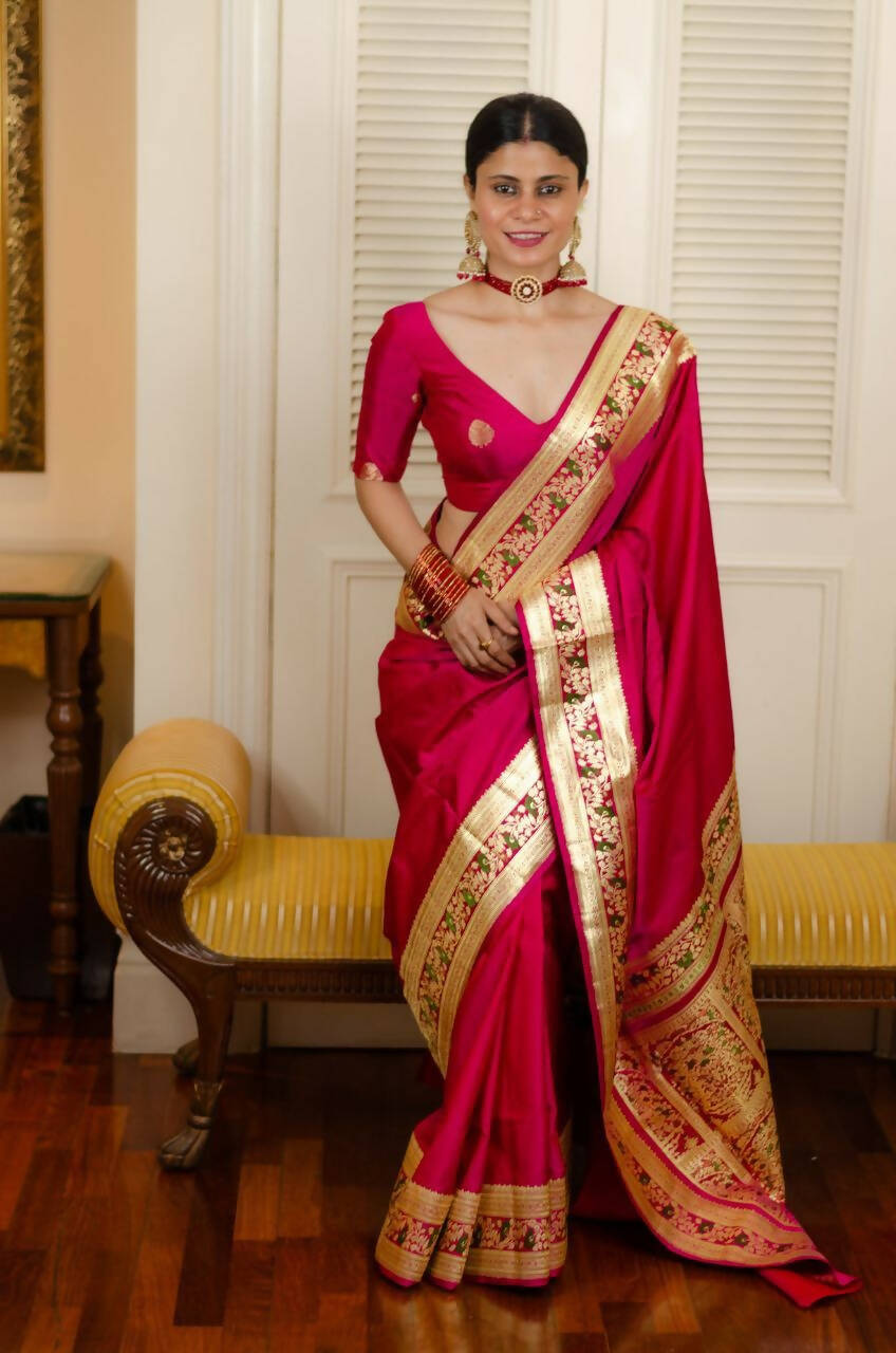 DEIANA'S Beautiful Golden Jari with New Design Soft Lichi Silk Saree - Pink - Distacart