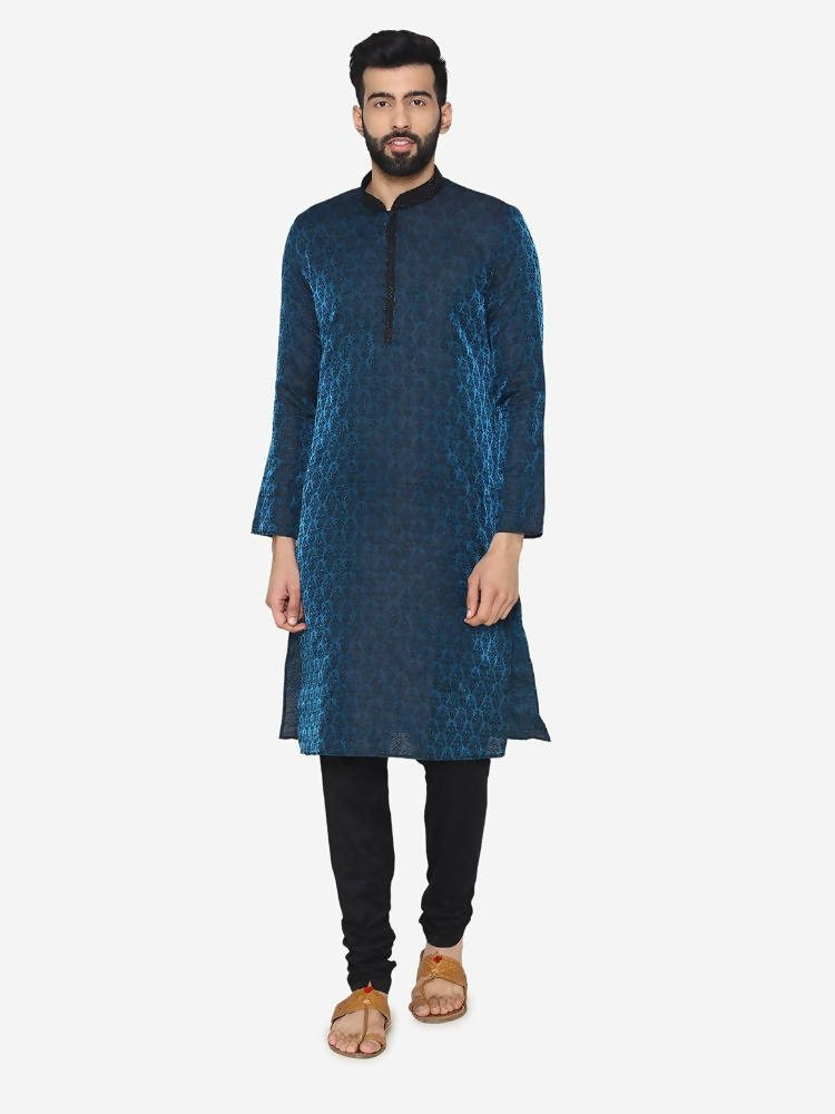 Manyavar Men Blue Self Design Kurta with Churidar - Distacart