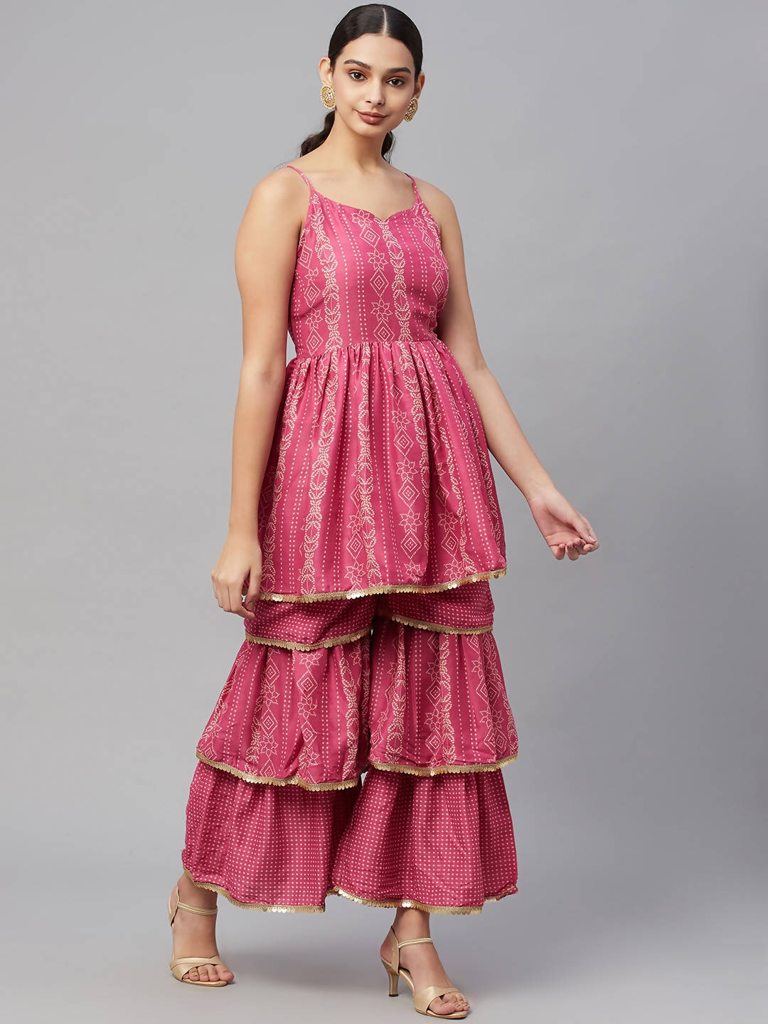 Myshka Pink Printed Sleeveless V Kurti Sharara Set - Distacart