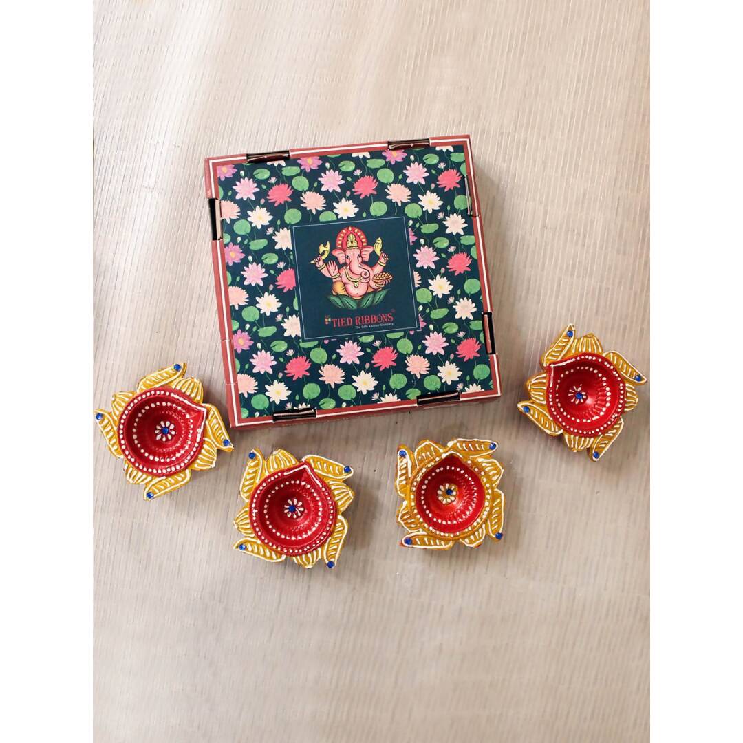 Tied Ribbons Set Of 4 Yellow & Red Printed Terracotta Diyas - Distacart