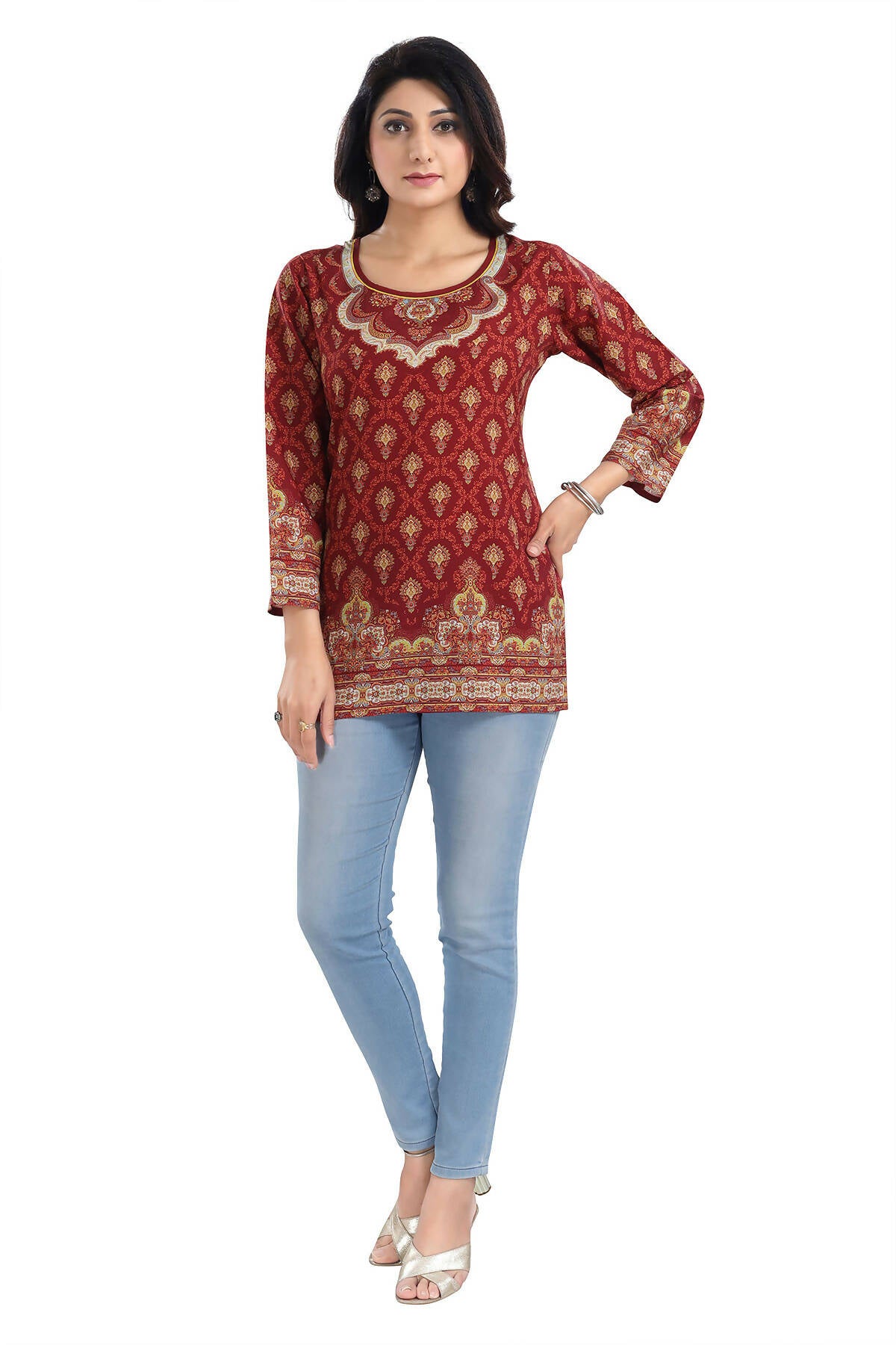 Snehal Creations Magical Maroon Printed Short Kurti Tunic Top - Distacart