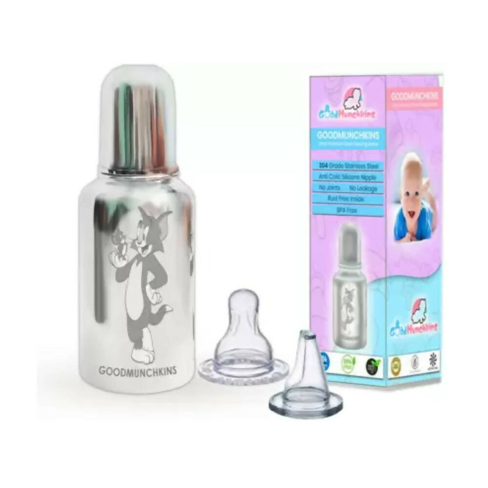 Goodmunchkins Stainless Steel Feeding Rustfree Bottle with 2 Anti Colic Silicone Nipple For Kids 220ml - Distacart