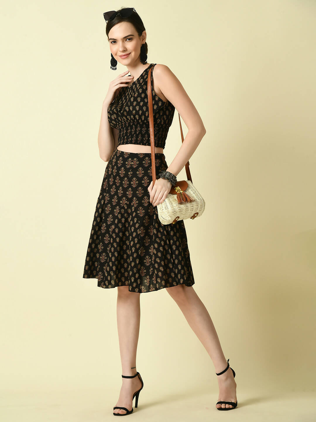 Myshka Women's Black Pure Cotton Printed Flared Skirt - Distacart