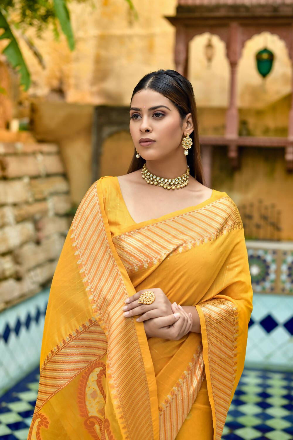 Vishnu Weaves Women's Yellow Cotton Silk Zari Woven Butta Work Saree with Blouse - Distacart