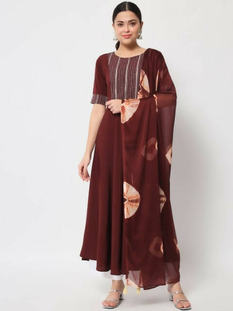FIORRA Women's Maroon Poly Crepe Flared Kurta With Dupatta - Distacart