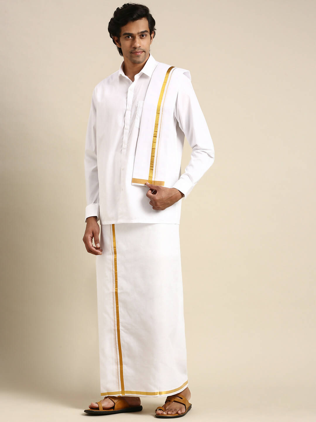 Ramraj Cotton Premium Wedding White Regular Dhoti, Shirt & Towel Set Arathi 1/2" - Distacart