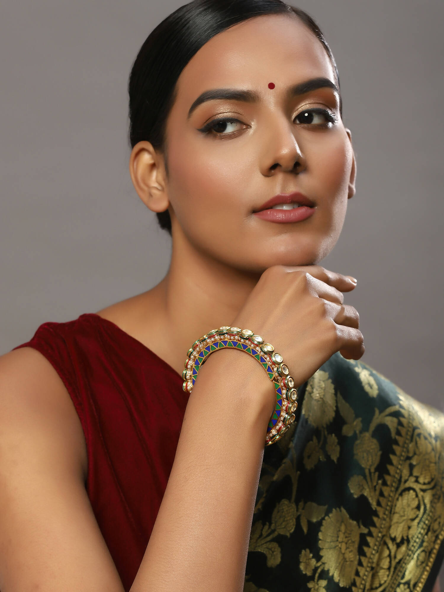 Gold-Plated Stone Studded Meenakari Bangle - Ruby Raang - Distacart