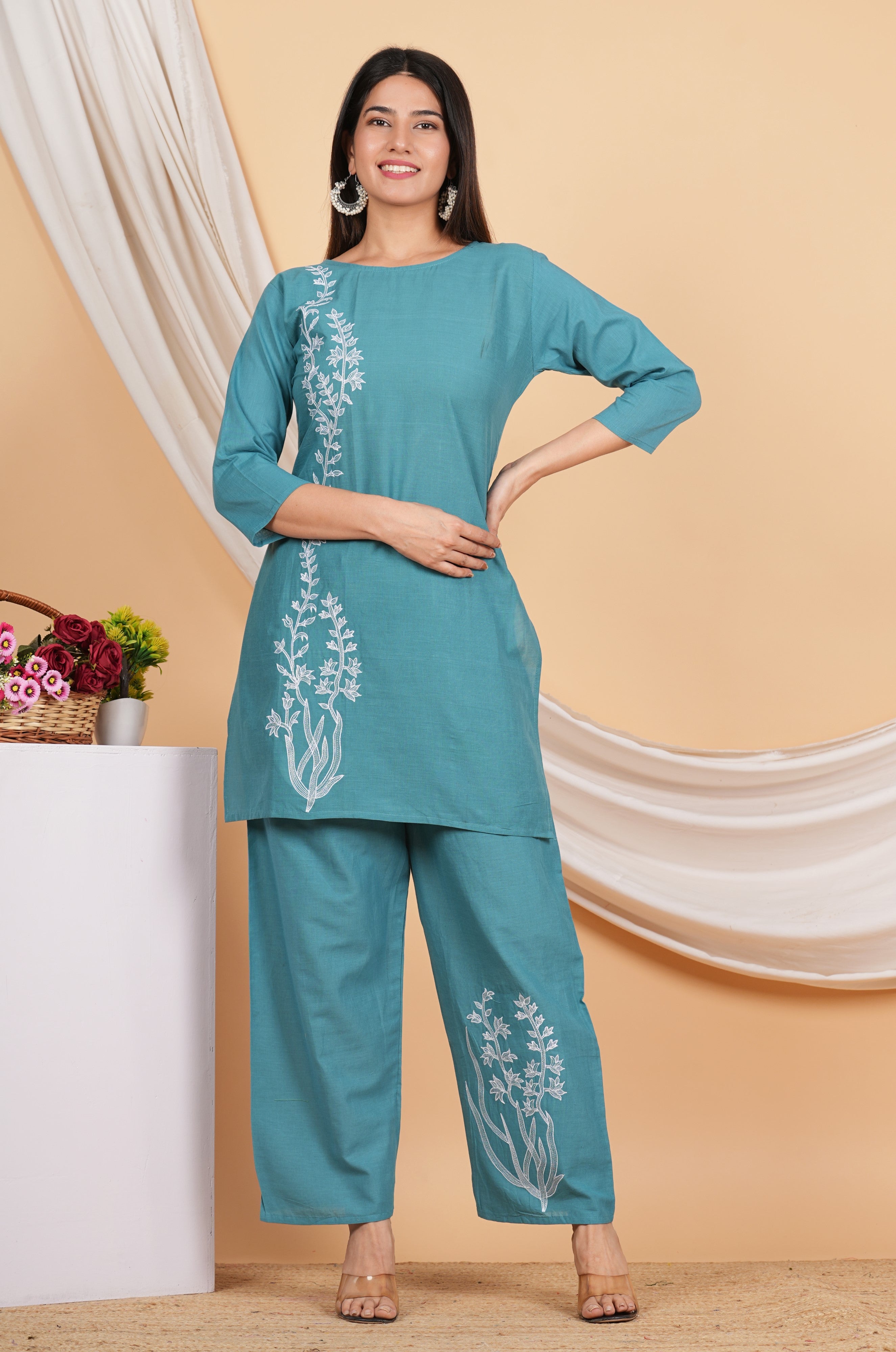 House of RP Women Teal Cotton Embroidered Coords Set - Distacart