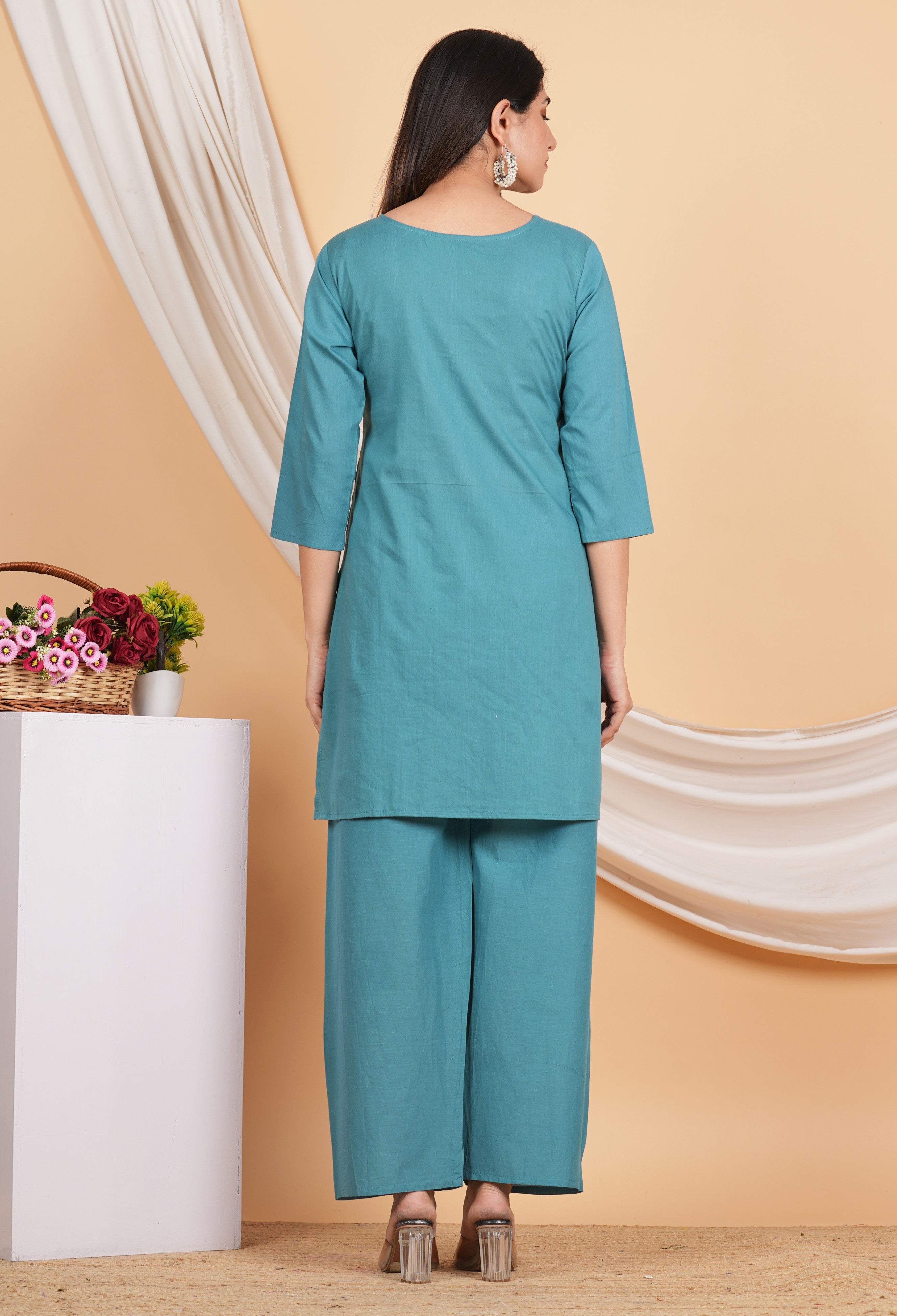 House of RP Women Teal Cotton Embroidered Coords Set - Distacart