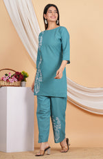 Thumbnail for House of RP Women Teal Cotton Embroidered Coords Set - Distacart