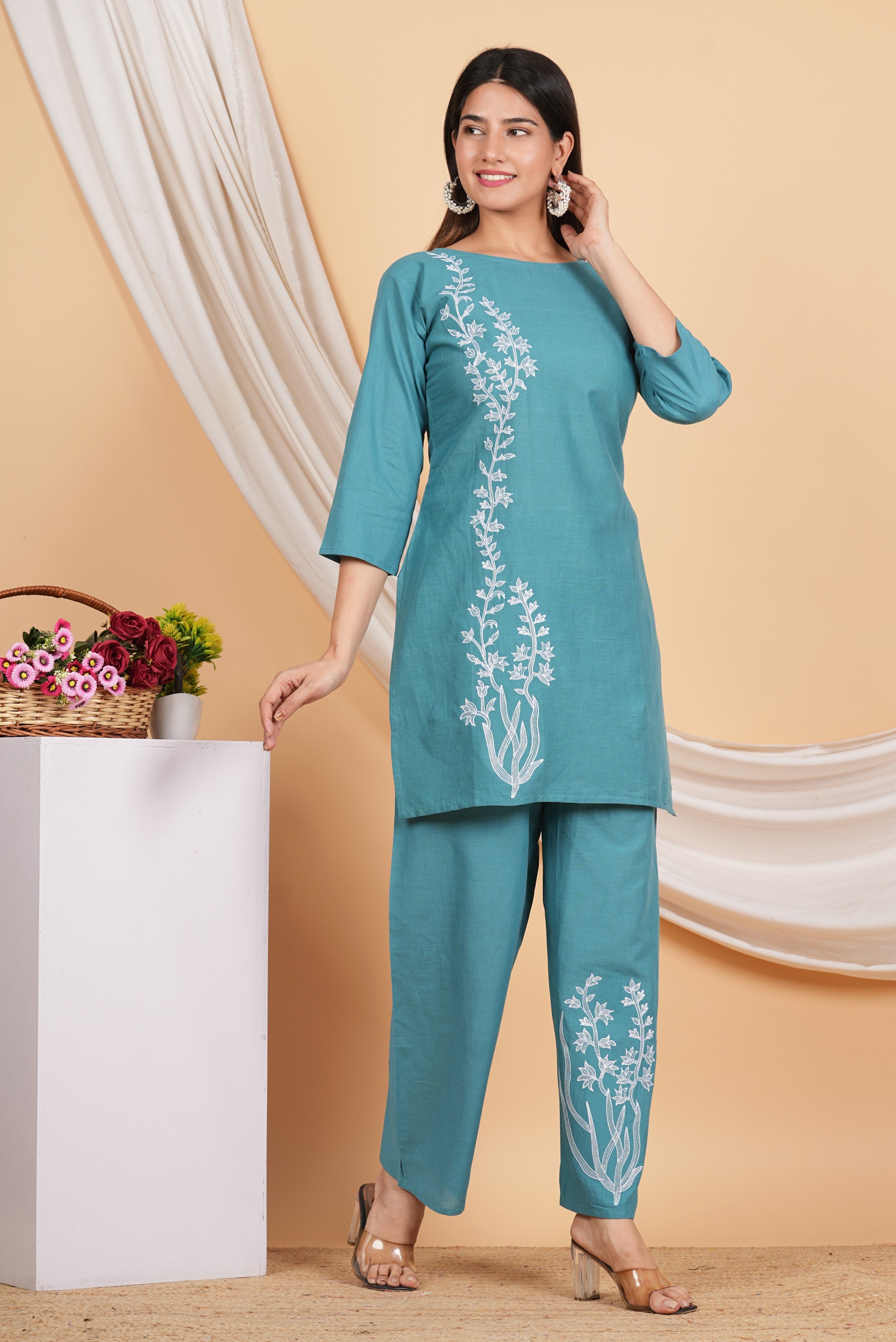 House of RP Women Teal Cotton Embroidered Coords Set - Distacart