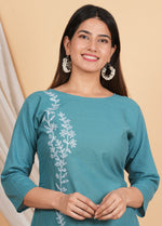 Thumbnail for House of RP Women Teal Cotton Embroidered Coords Set - Distacart