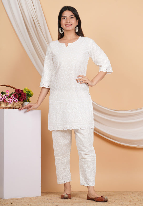 House of RP Women Off-White Cotton Chicken Embroidered Kurta & Pant Set - Distacart