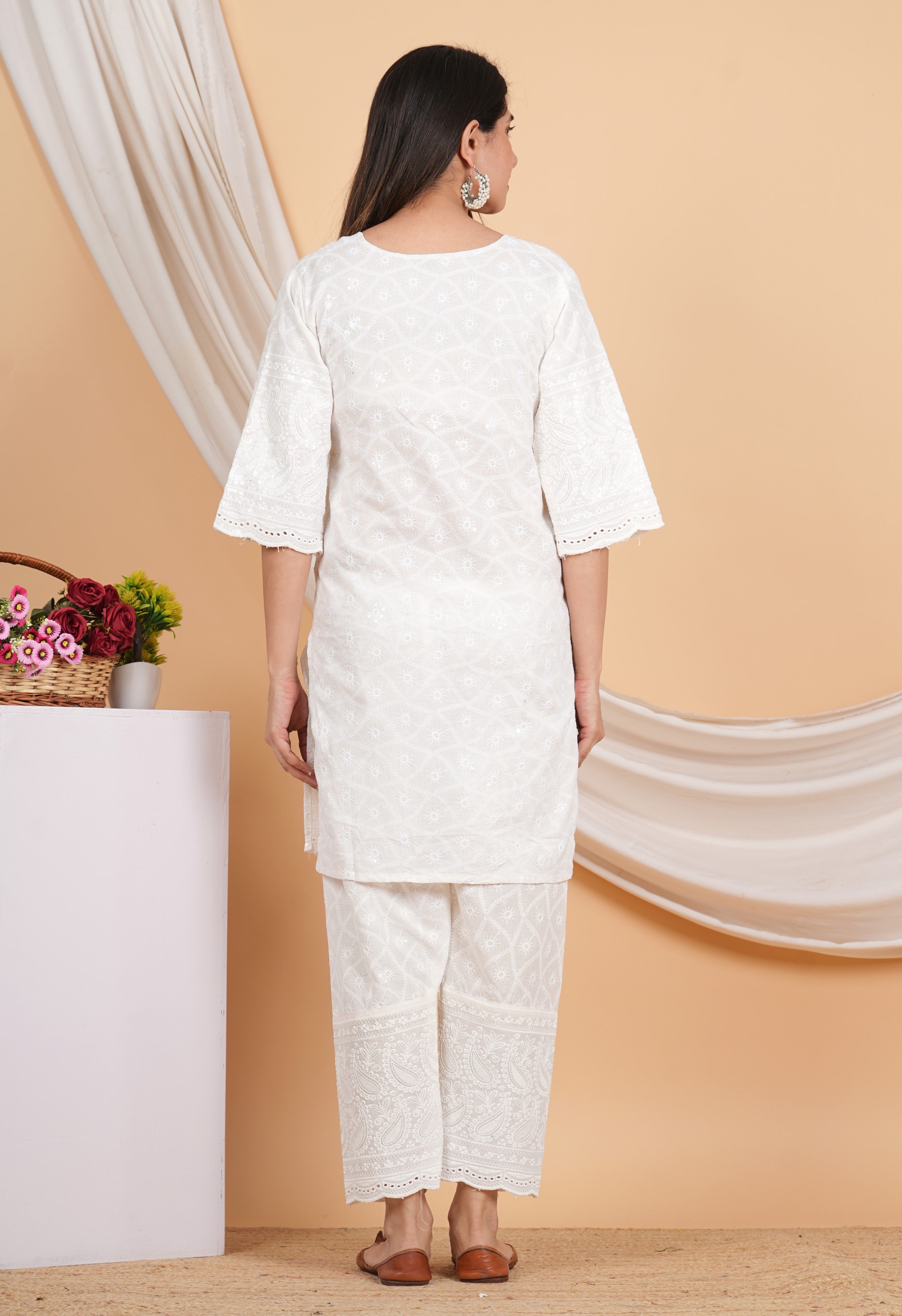 House of RP Women Off-White Cotton Chicken Embroidered Kurta & Pant Set - Distacart