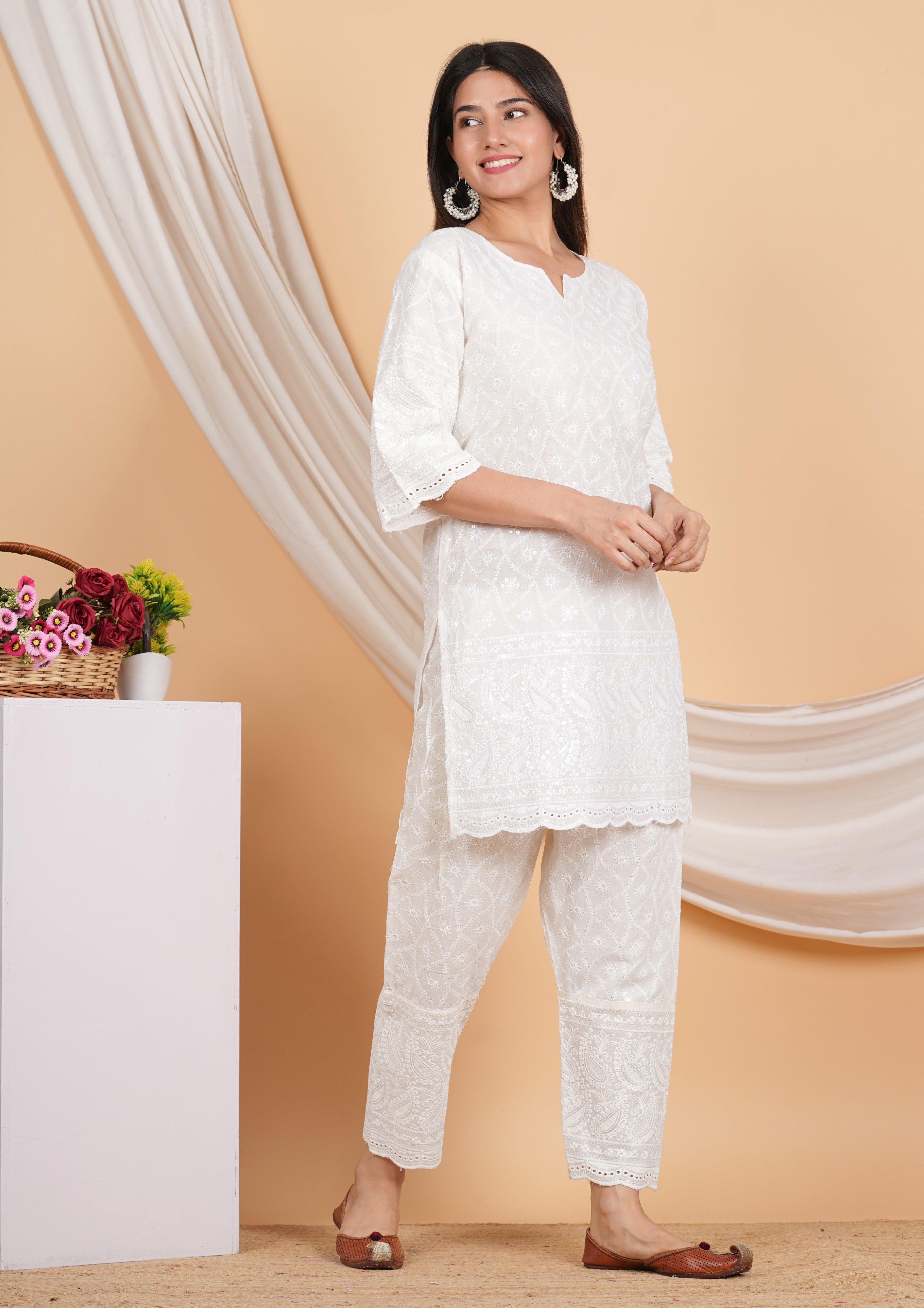 House of RP Women Off-White Cotton Chicken Embroidered Kurta & Pant Set - Distacart