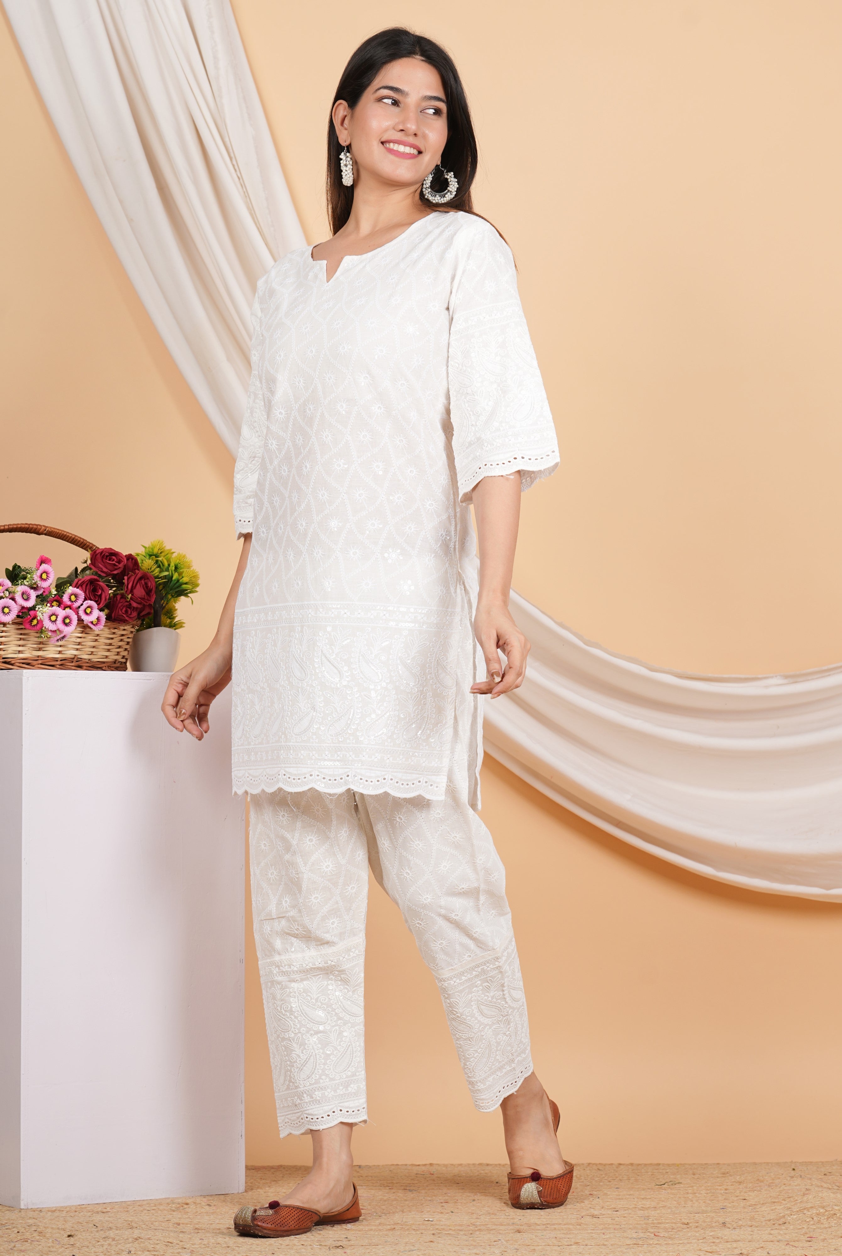 House of RP Women Off-White Cotton Chicken Embroidered Kurta & Pant Set - Distacart