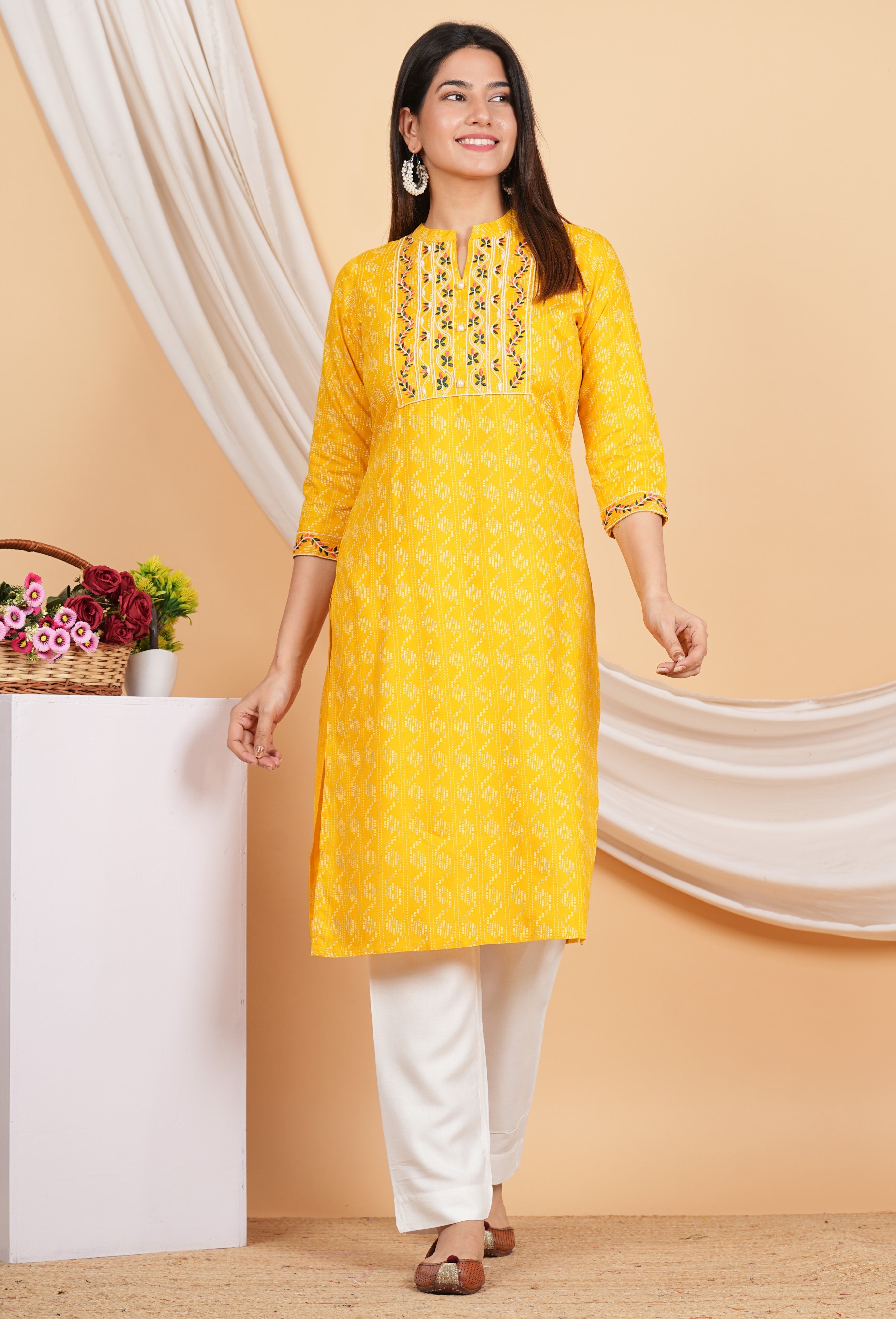 House of RP Women Yellow Rayon Yoke Embroidered Kurta & Pant Set - Distacart