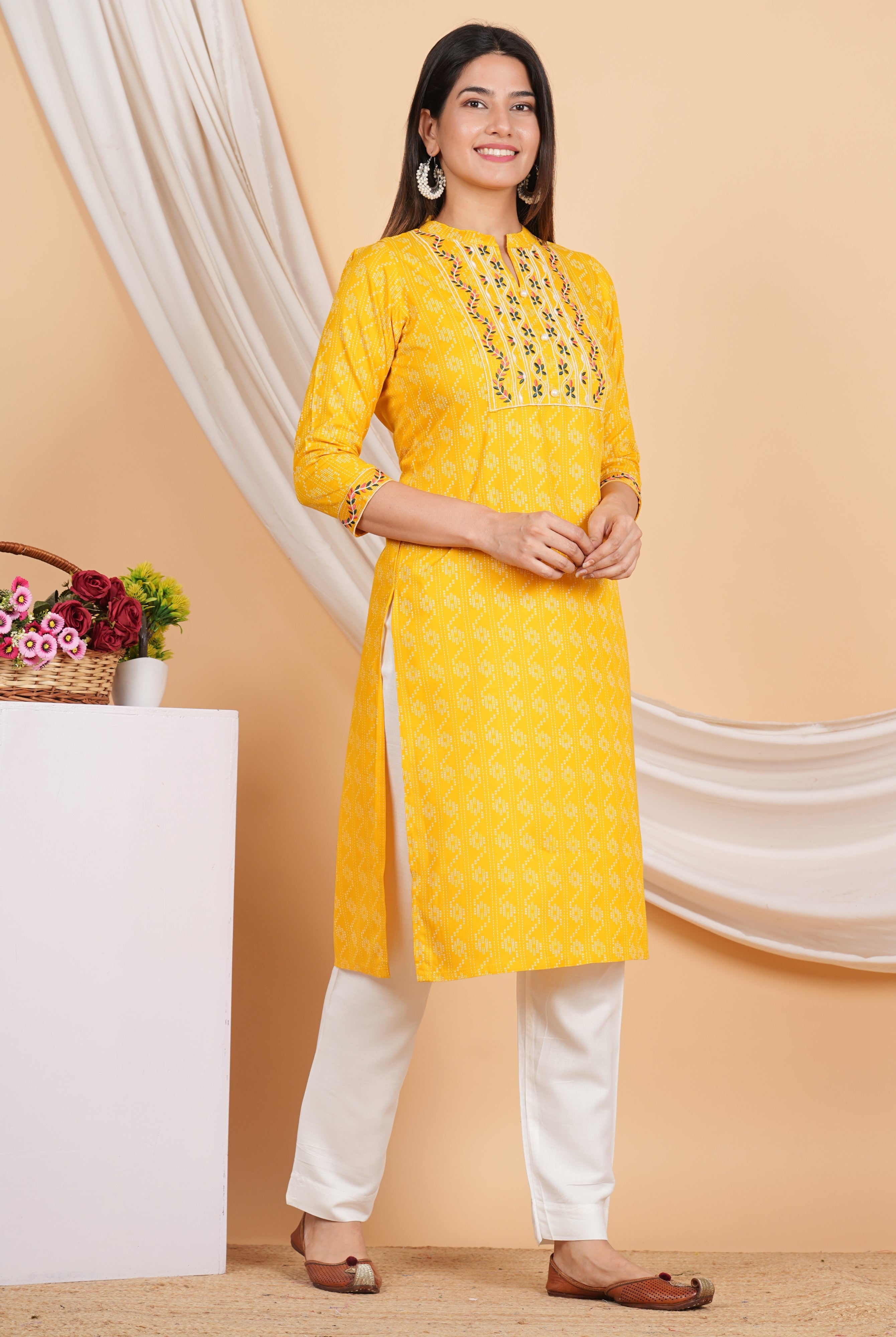 House of RP Women Yellow Rayon Yoke Embroidered Kurta & Pant Set - Distacart