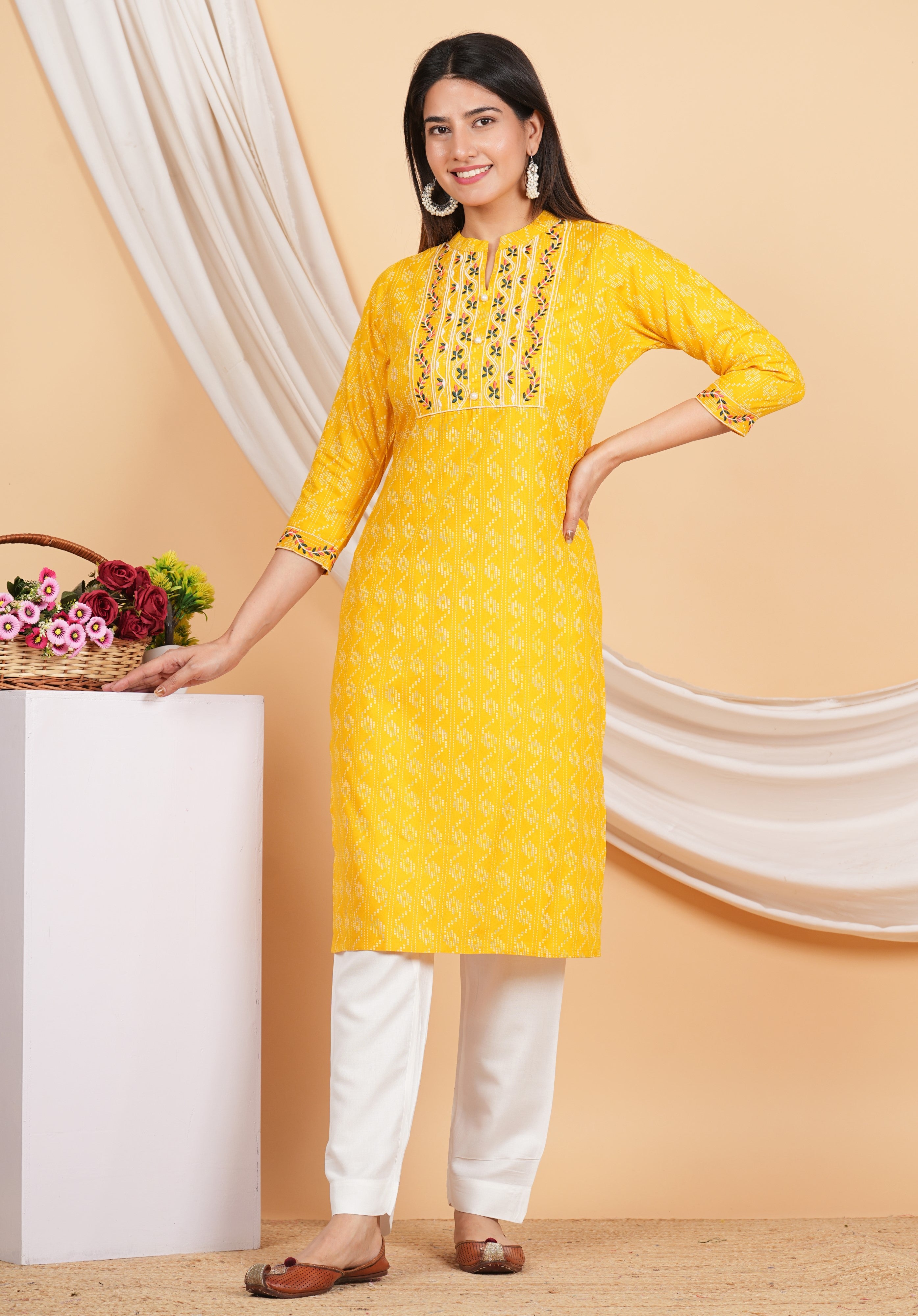 House of RP Women Yellow Rayon Yoke Embroidered Kurta & Pant Set - Distacart