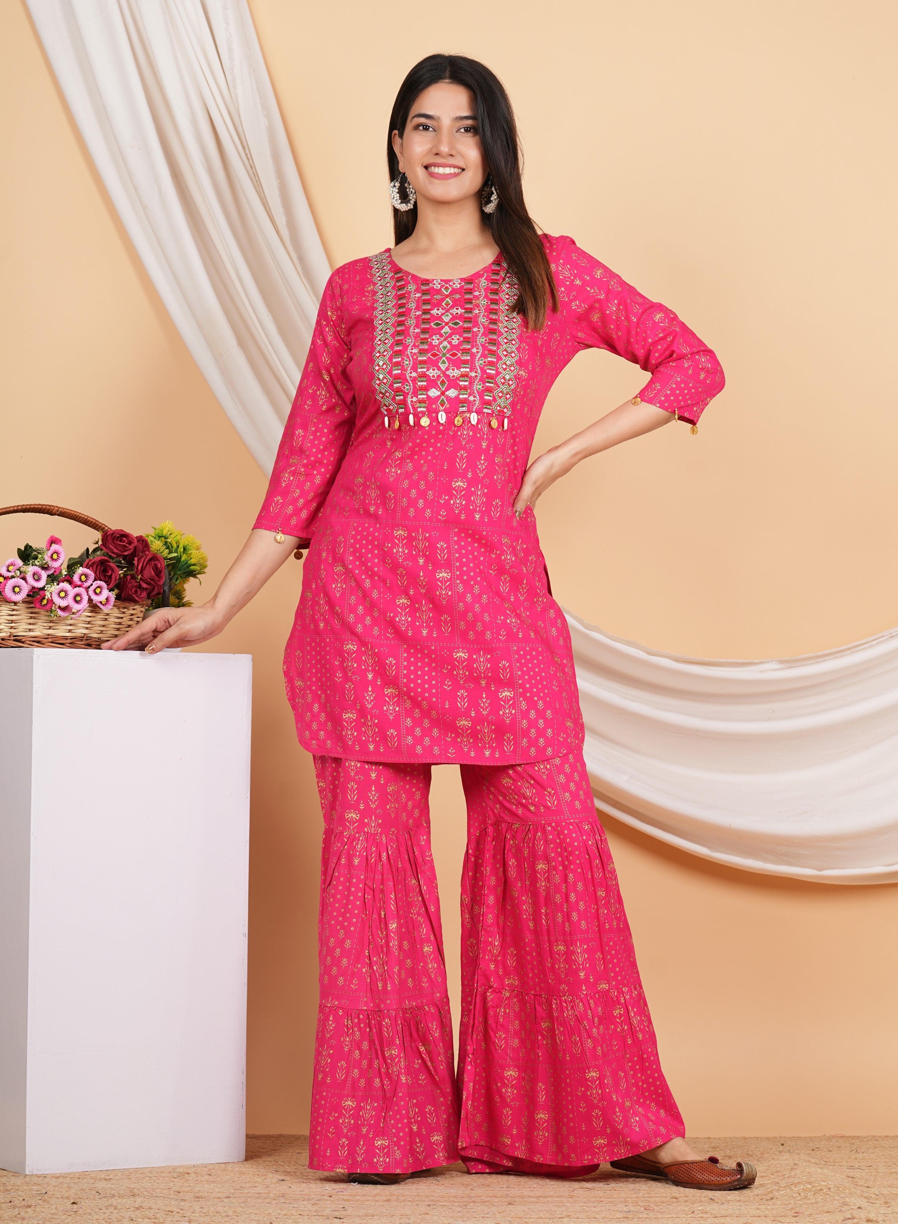 House of RP Women Pink Rayon Embroidered with Printed Kurta & Sharara Set - Distacart