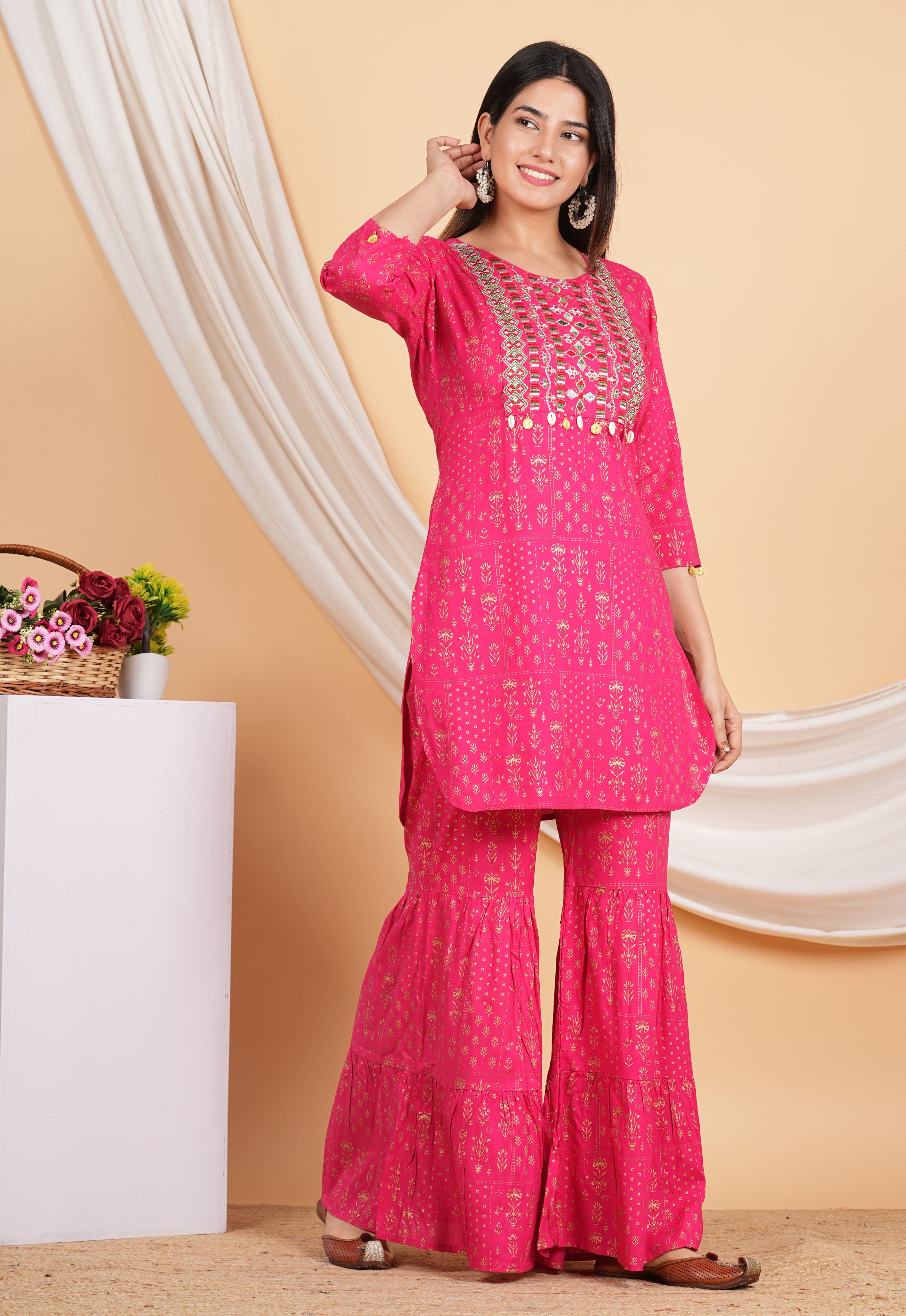 House of RP Women Pink Rayon Embroidered with Printed Kurta & Sharara Set - Distacart