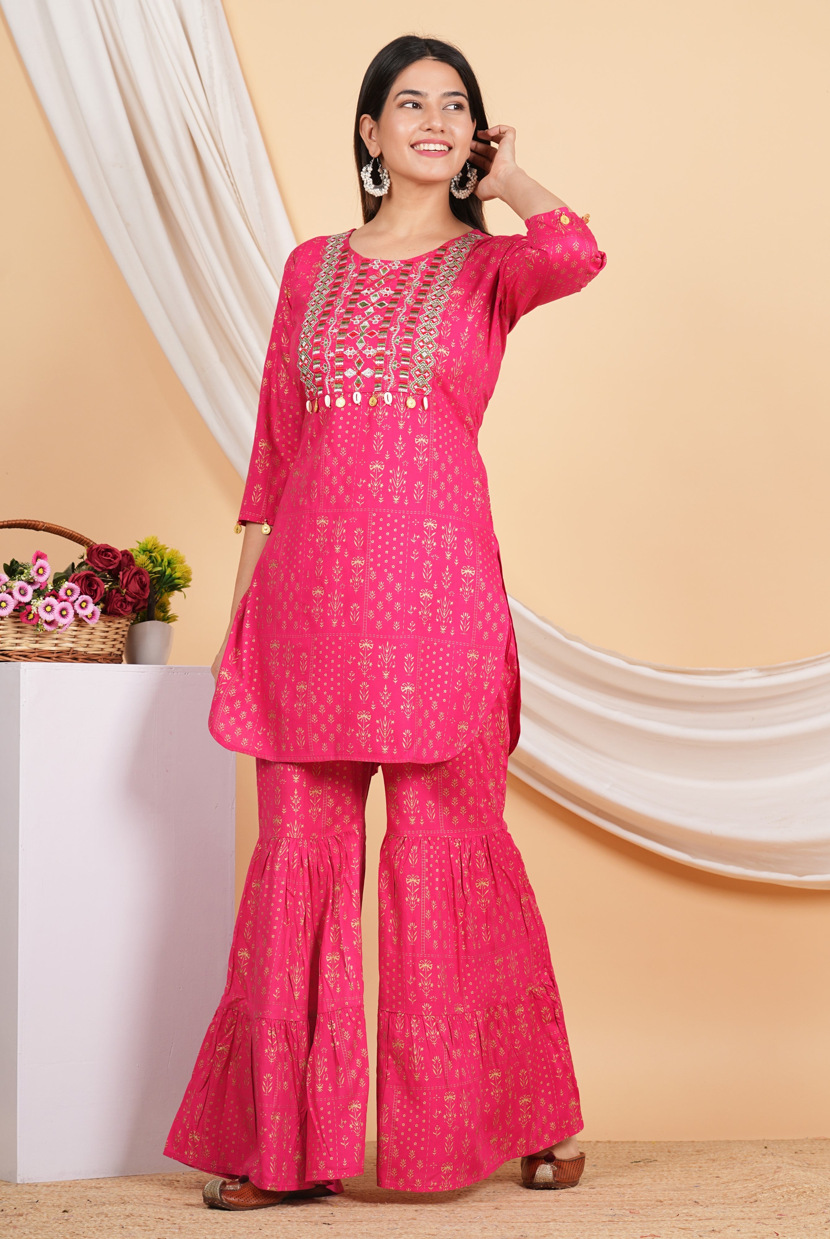 House of RP Women Pink Rayon Embroidered with Printed Kurta & Sharara Set - Distacart