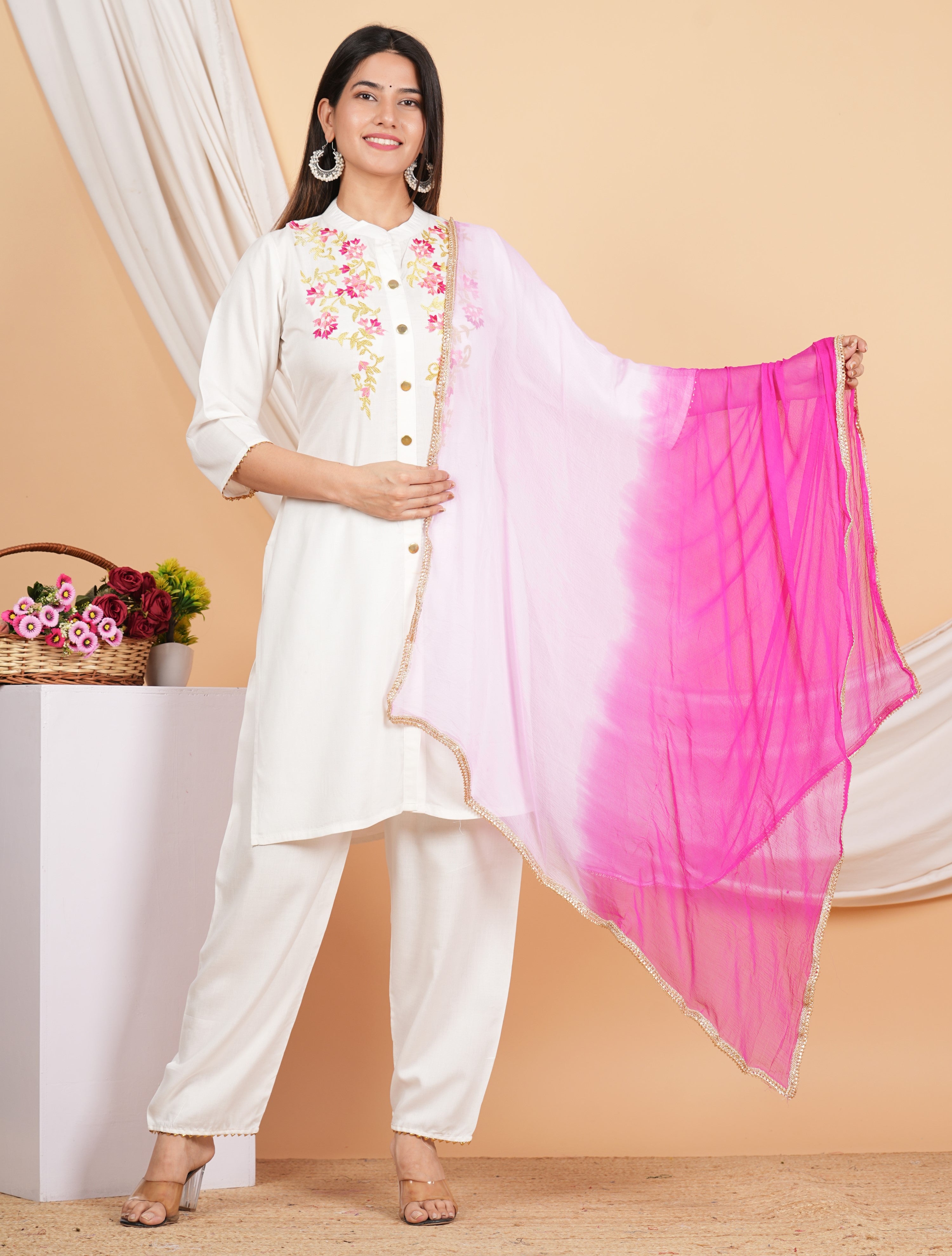 House of RP Women White Rayon Embroidered Kurta, Pant & Dupatta Set - Distacart
