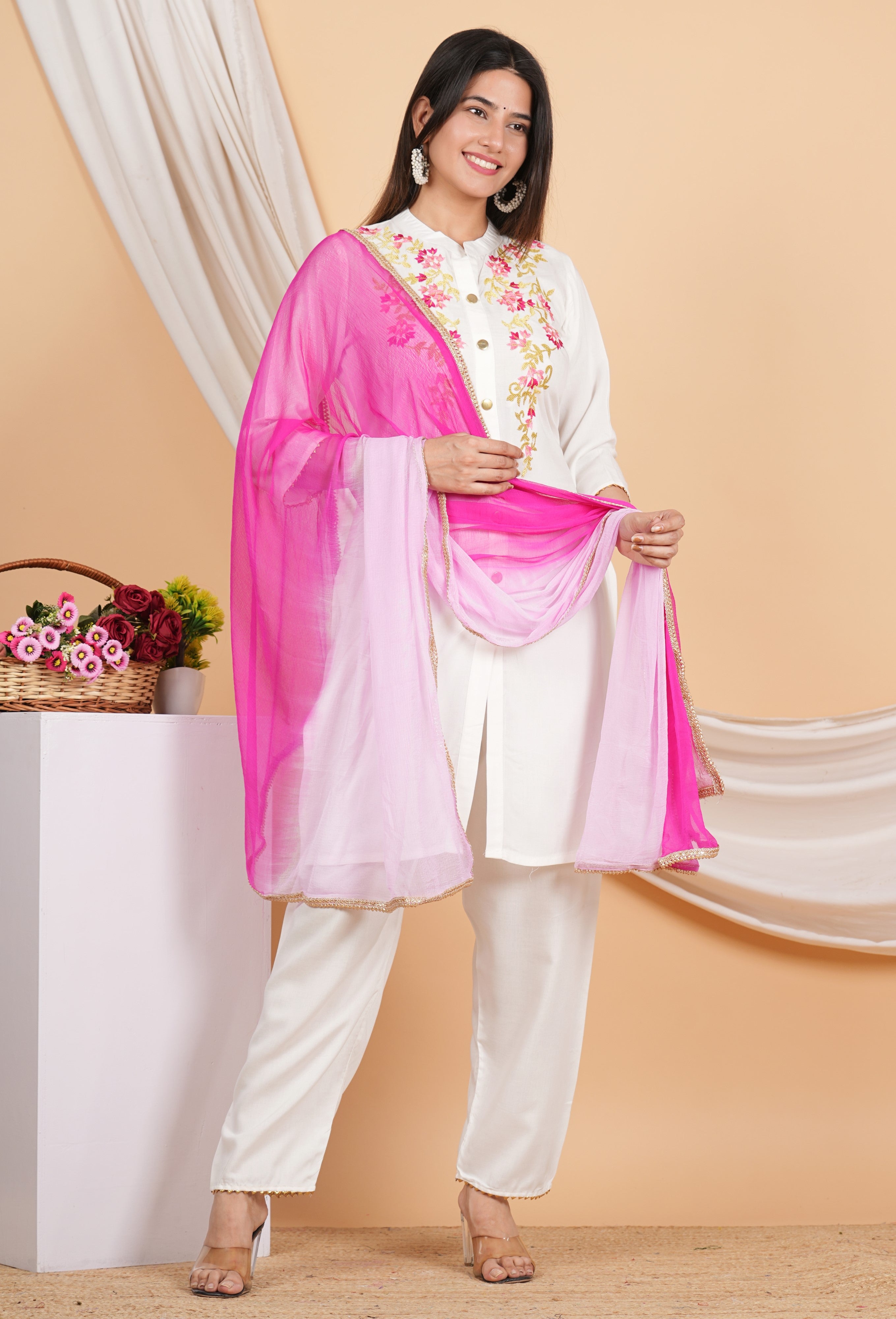 House of RP Women White Rayon Embroidered Kurta, Pant & Dupatta Set - Distacart