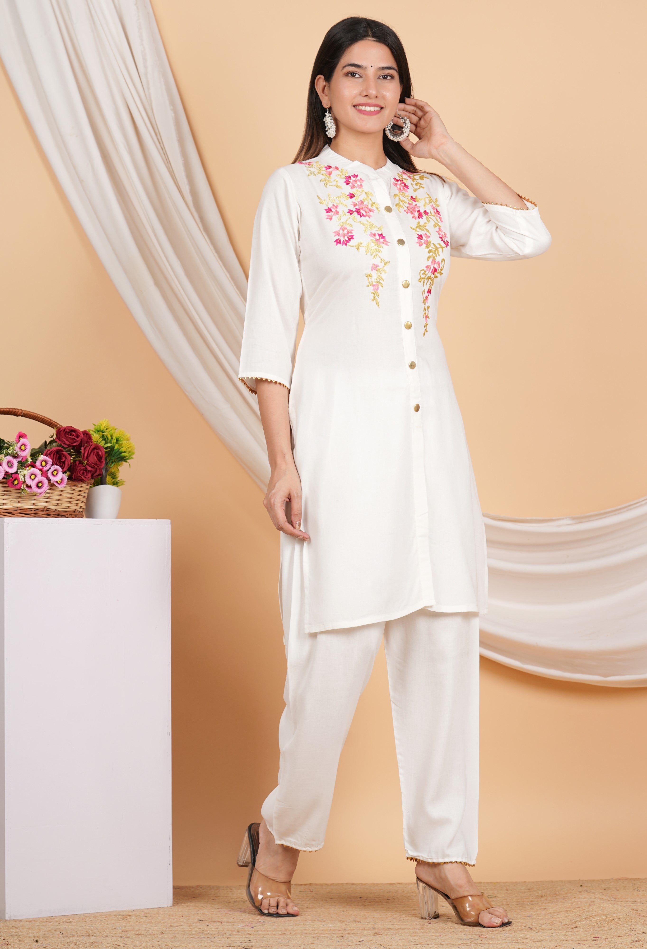 House of RP Women White Rayon Embroidered Kurta, Pant & Dupatta Set - Distacart