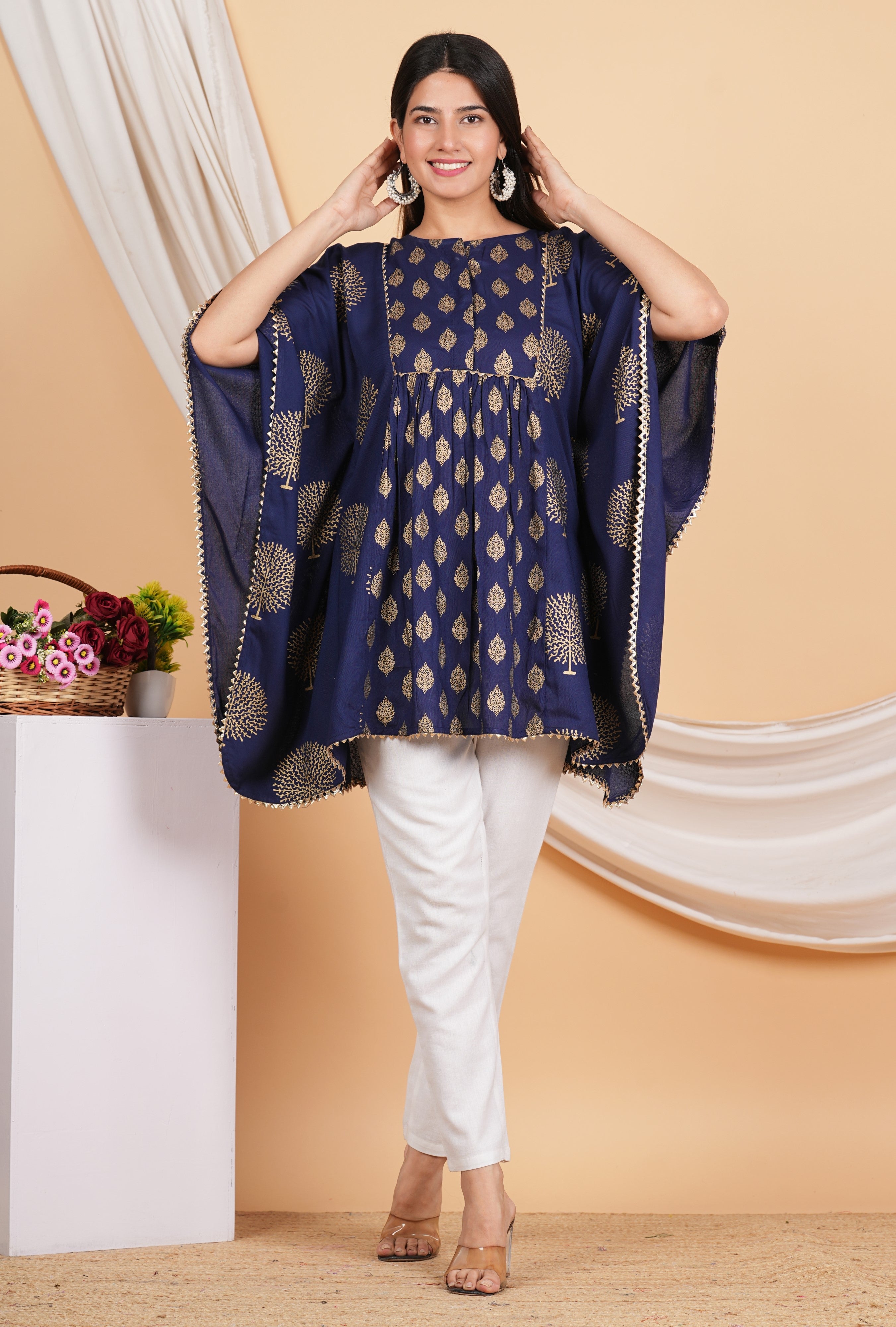 House of RP Women NavyBlue Rayon Ethnic Print Kaftan - Distacart