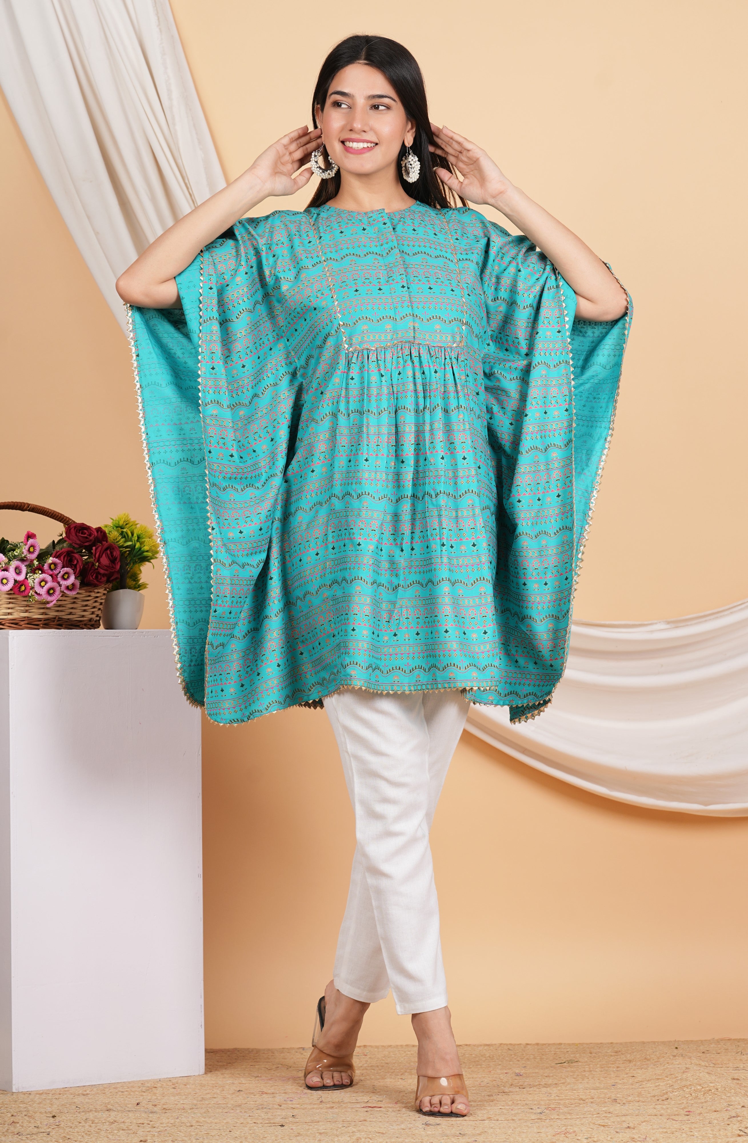 House of RP Women SkyBlue Rayon Ethnic Print Kaftan - Distacart