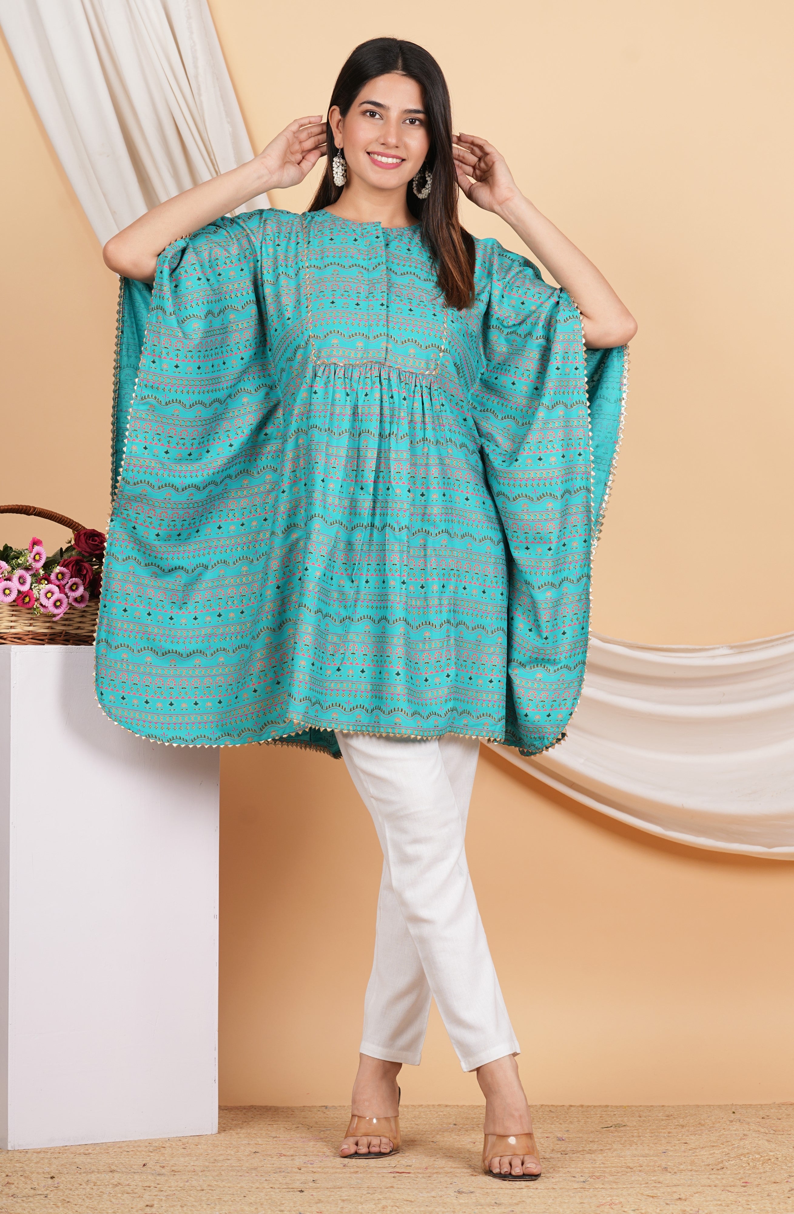 House of RP Women SkyBlue Rayon Ethnic Print Kaftan - Distacart