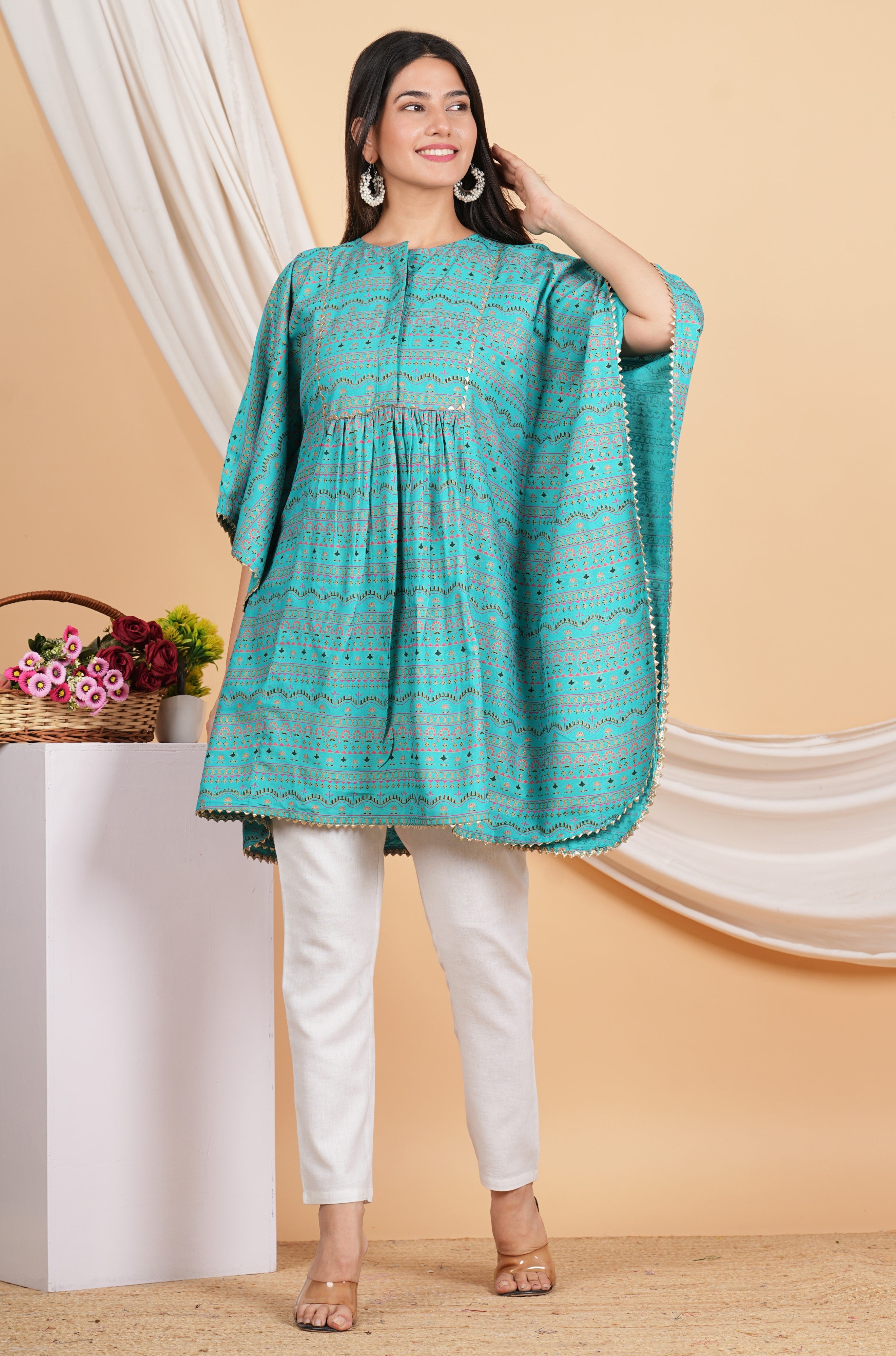 House of RP Women SkyBlue Rayon Ethnic Print Kaftan - Distacart