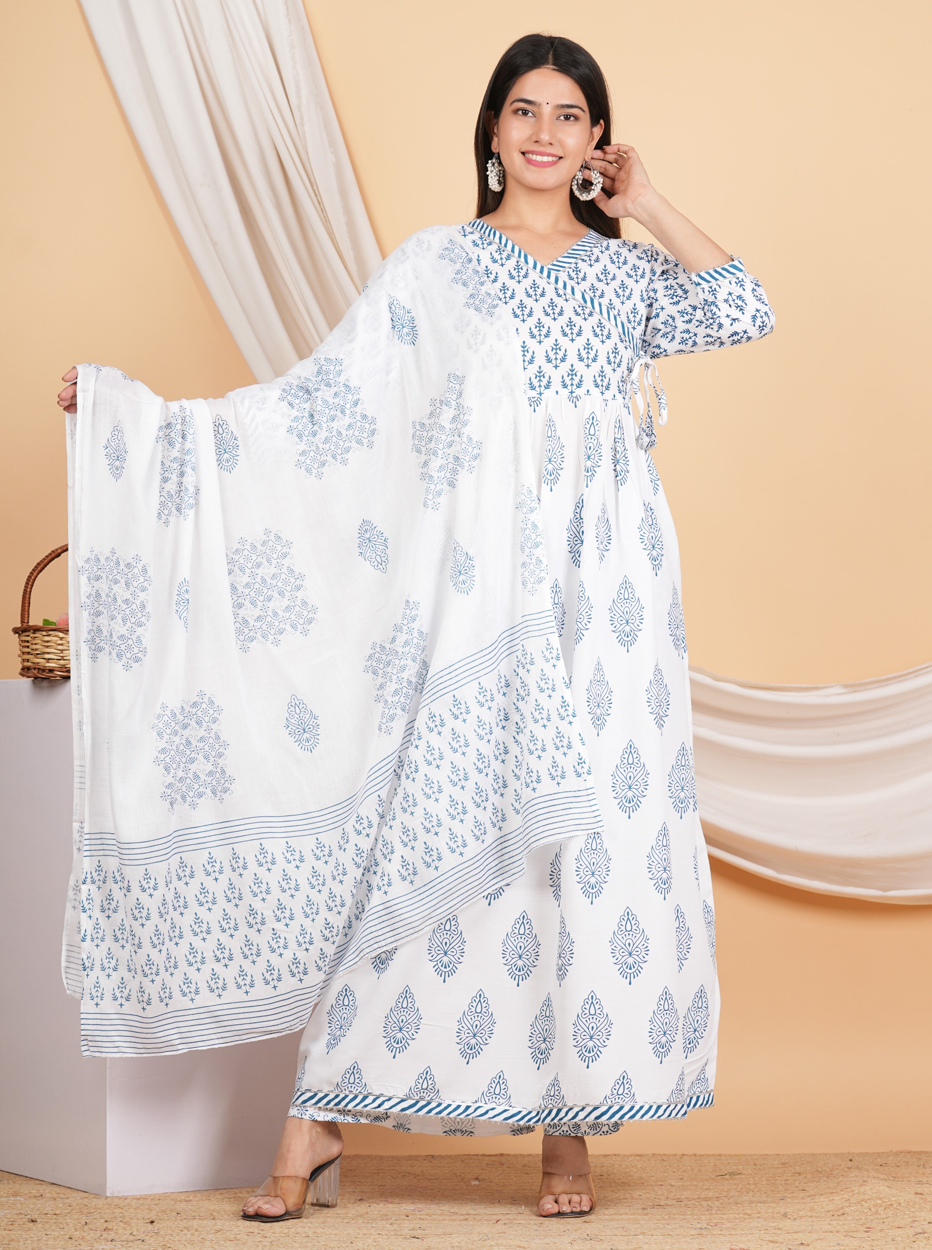House of RP Women White & Blue Rayon Floral Print Kurta, Pant & Dupatta Set - Distacart