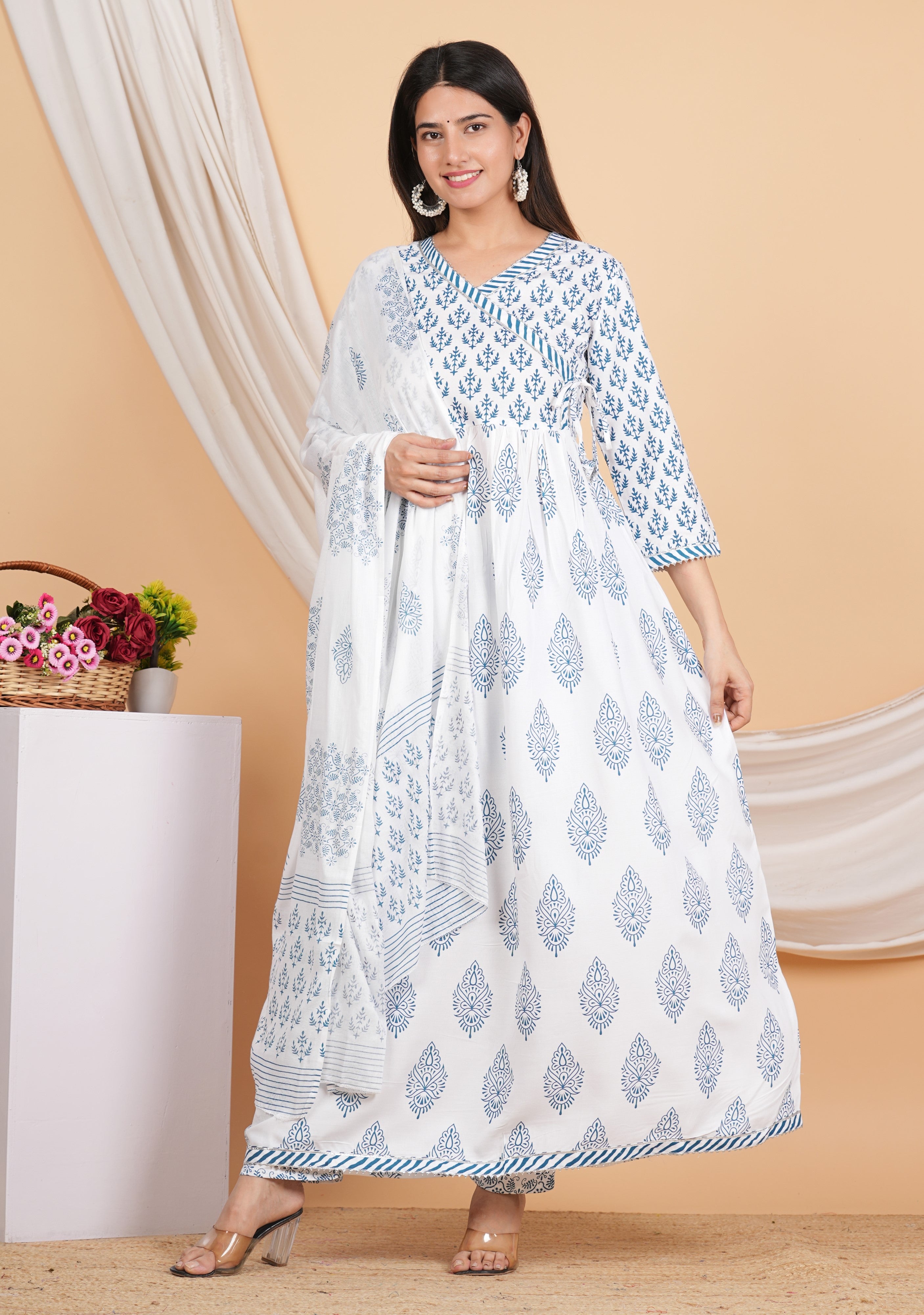 House of RP Women White & Blue Rayon Floral Print Kurta, Pant & Dupatta Set - Distacart