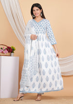 Thumbnail for House of RP Women White & Blue Rayon Floral Print Kurta, Pant & Dupatta Set - Distacart