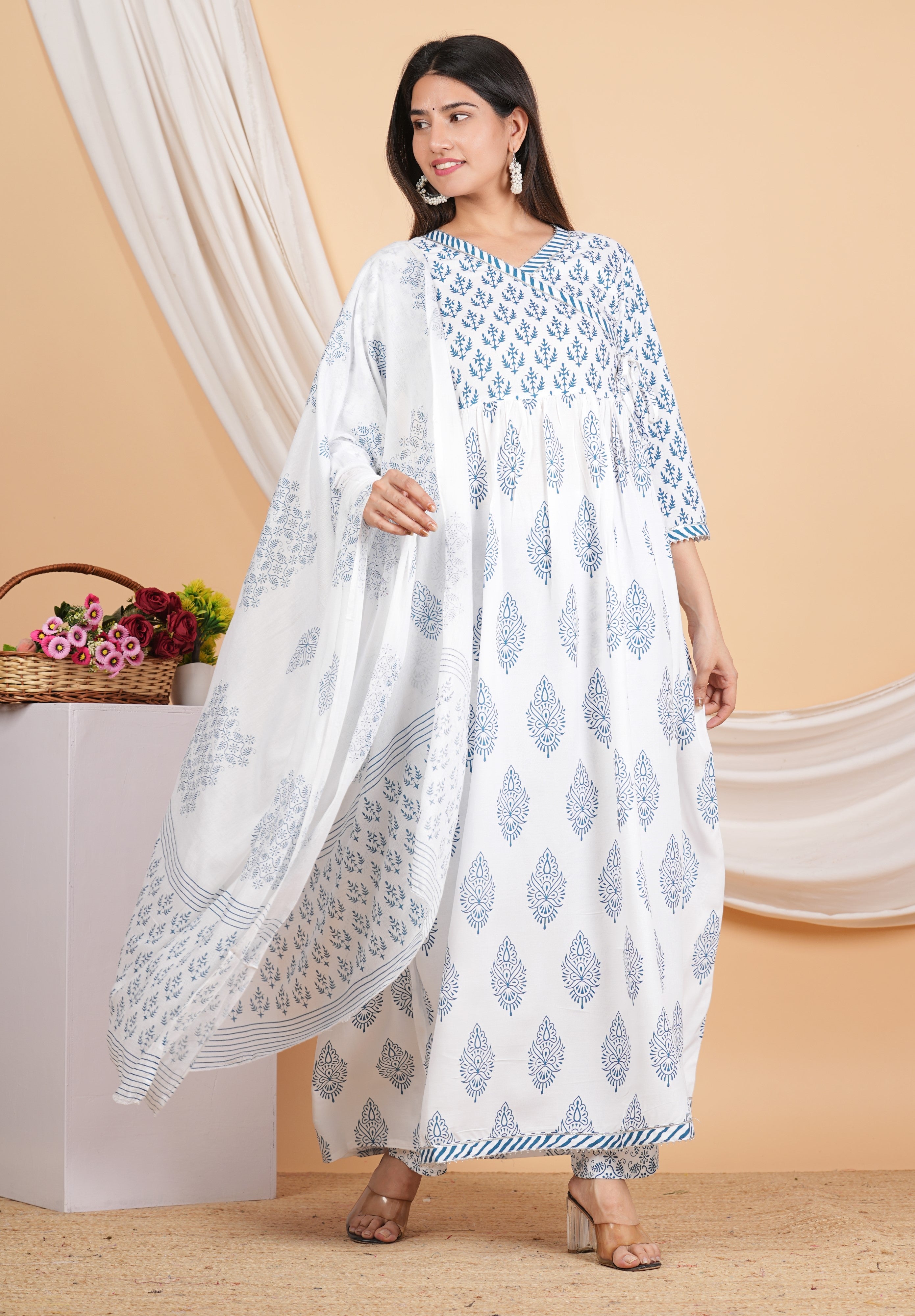 House of RP Women White & Blue Rayon Floral Print Kurta, Pant & Dupatta Set - Distacart