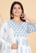 Thumbnail for House of RP Women White & Blue Rayon Floral Print Kurta, Pant & Dupatta Set - Distacart