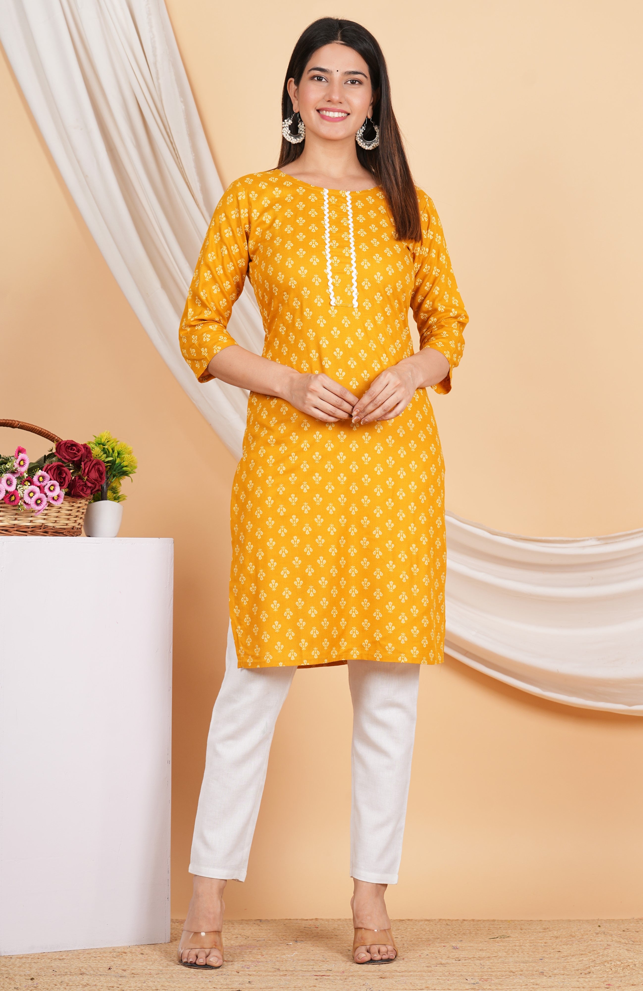 House of RP Women Yellow Rayon Floral Printed Kurta - Distacart