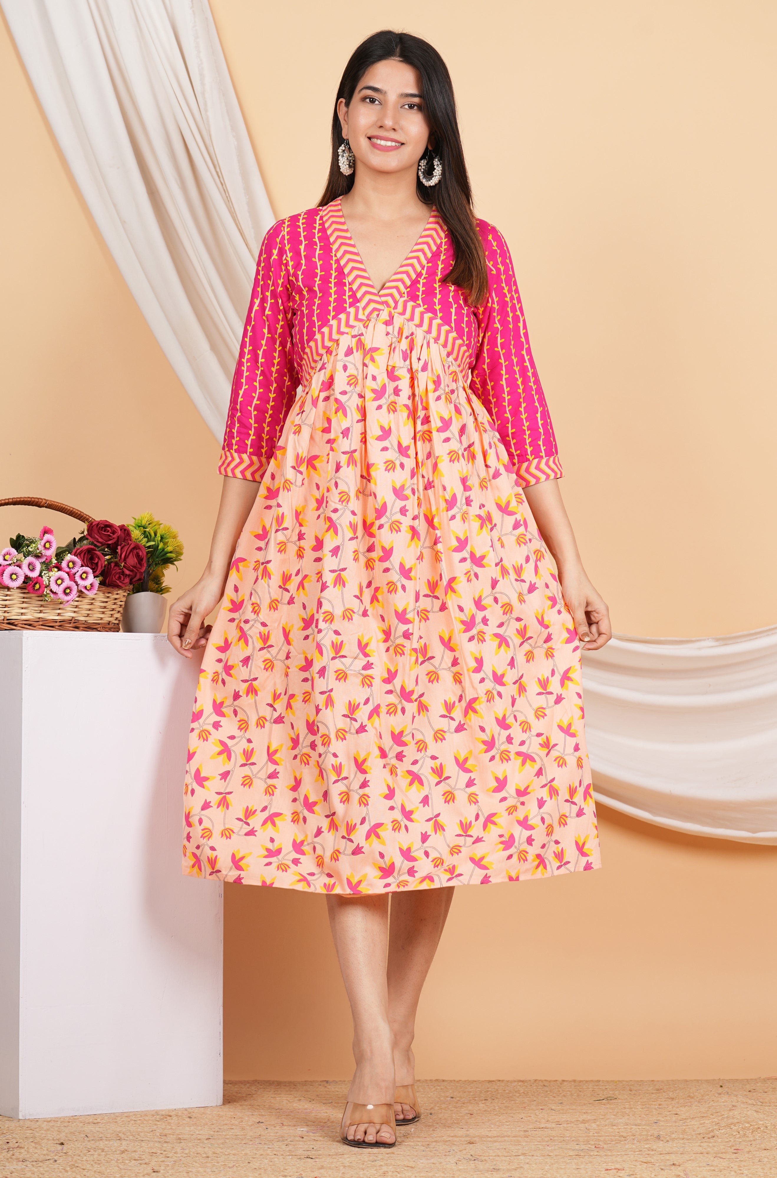 House of RP Women Rayon Peach Floral Printed Dress - Distacart